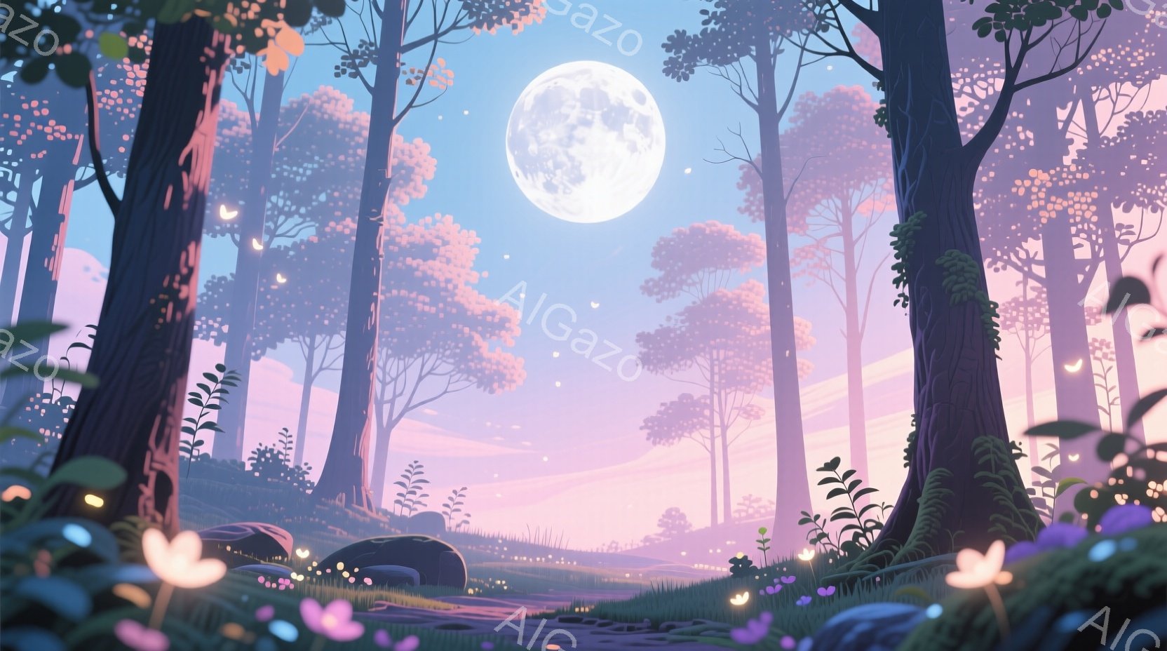 深い森の中を捉えた幻想的な風景だ。月明かりが木々の間から差し込み、草むらには小さな光が散らばり、神秘的な雰囲気を醸し出している。ピンクと紫を基調とした色彩と、ぼんやりとした輪郭が、まるで夢の中にいるよ - AI生成フリー素材