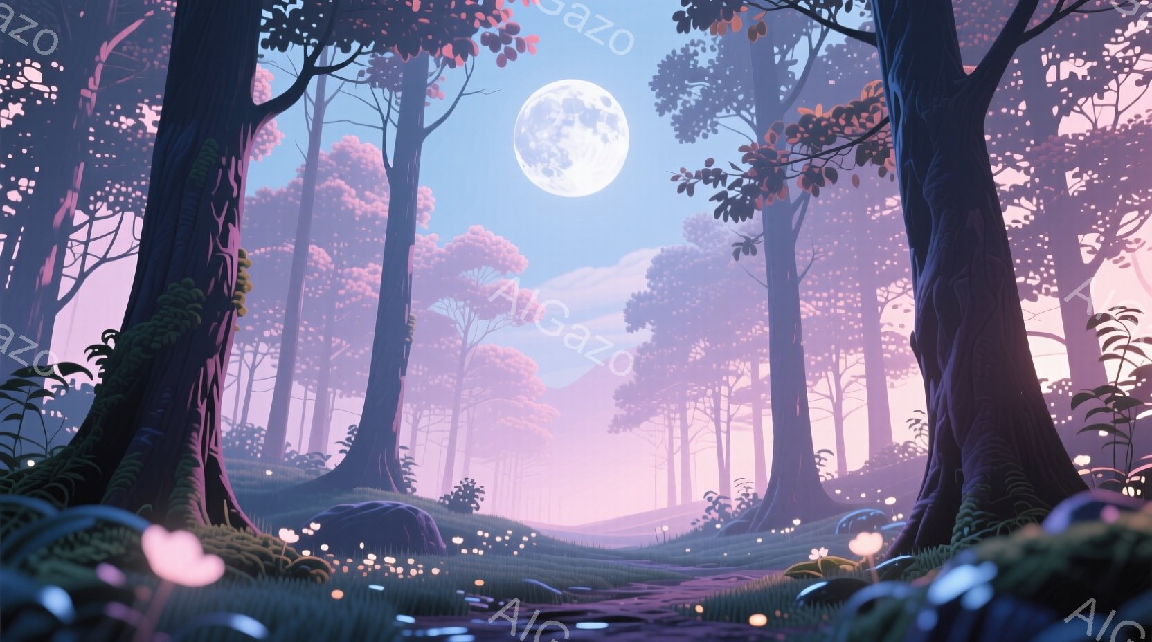 静かな森の風景が描かれている。満月が木々の間から明るく照らし、紫とピンクの優しい光が辺りを包んでいる。地面には、様々な形の光るキノコや植物が生い茂り、幻想的な雰囲気を醸し出している。 - AI生成フリー素材