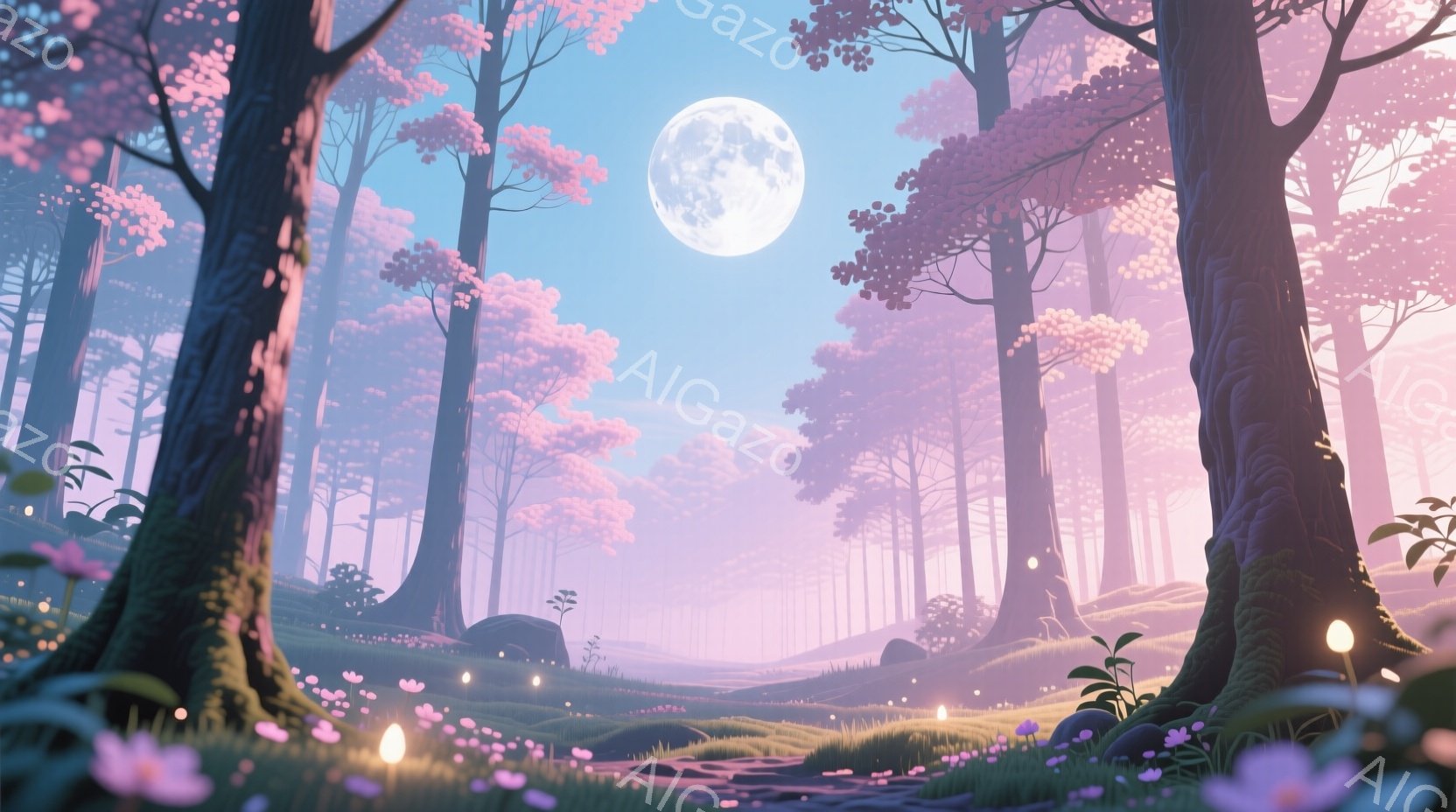 淡いピンクと紫色の幻想的な森が広がっており、背の高い木々が密集して立ち並び、地面には小さな花々や光るキノコが点在しています。遠くには霧のかかった丘陵が広がり、月が優しく光を当てています。全体的に穏やか - AI生成フリー素材