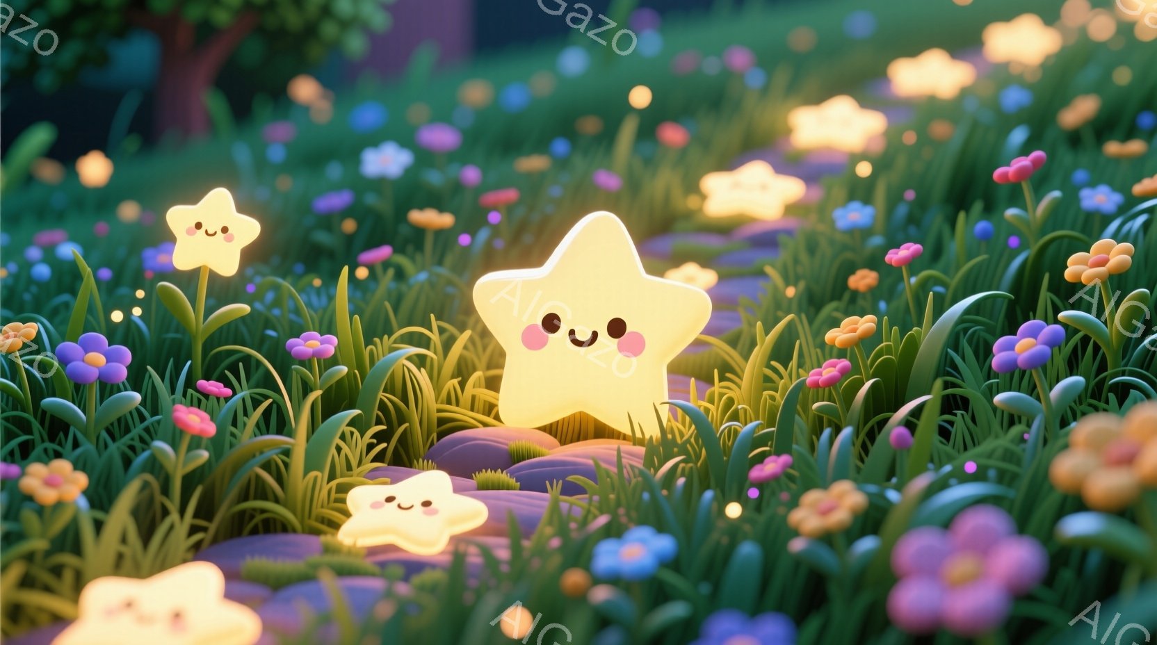 夜の草原に、光る星の妖精たちが咲き乱れる花々の間で浮かんでいる様子が描かれている。星たちは可愛らしい顔をしており、優しく微笑んでいるように見える。背景には緑豊かな草地が広がり、暖かく幻想的な雰囲気を醸 - AI生成フリー素材