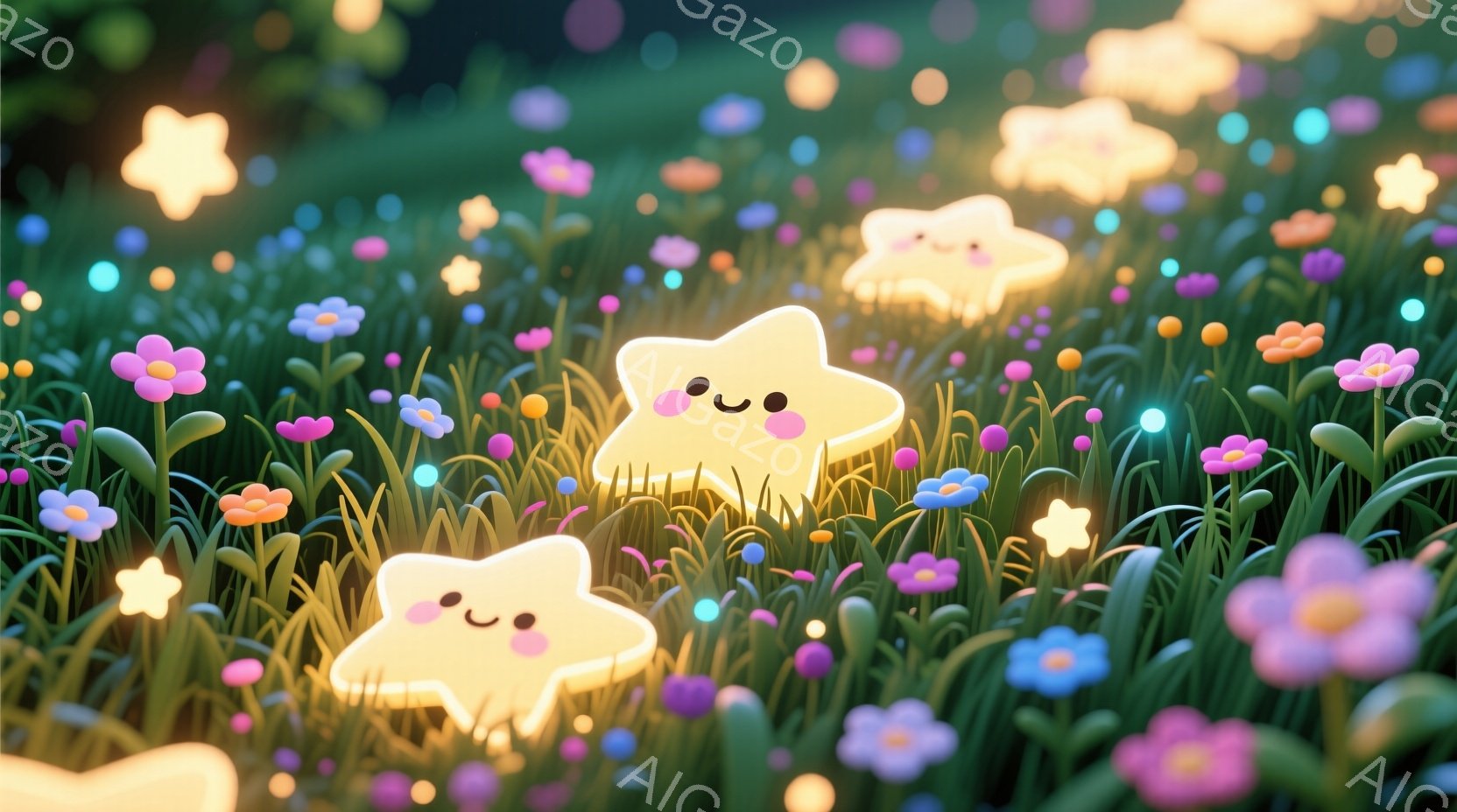 明るい紫、青、ピンクの花々が生い茂る草原に、愛らしい星の精たちが点在している。星たちは丸みを帯びた形をしており、つぶらな瞳と微笑みを浮かべている。背景はぼやけており、夜空に輝く星屑のような光が散りばめ - AI生成フリー素材