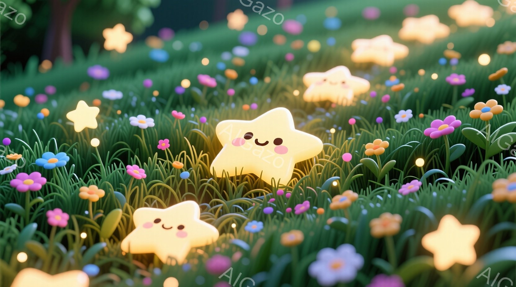 鮮やかな緑の草地に、かわいらしい星型の生き物たちが点在している。彼らはそれぞれ柔らかな光を放ち、単純ながらも愛らしい表情をしている。背景にはぼやけた花々が咲き乱れ、暖かく幻想的な雰囲気を醸し出している - AI生成フリー素材