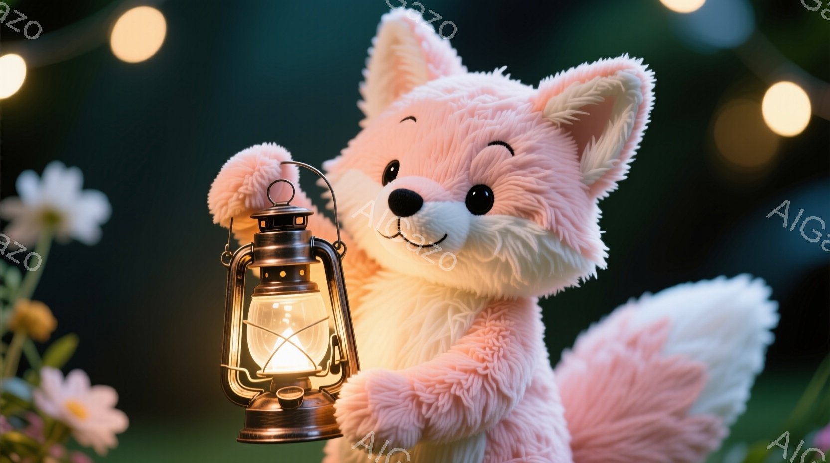 柔らかいピンク色の毛並みを持つキツネのぬいぐるみが、古風な金属製のランタンを持っています。キツネは片方の前足でランタンを支え、明るい光が顔を照らしています。背景には白く可憐な花が咲き乱れ、ぼんやりとした光の粒が夜空を彩り、温かく幻想的な雰囲気を醸し出しています。