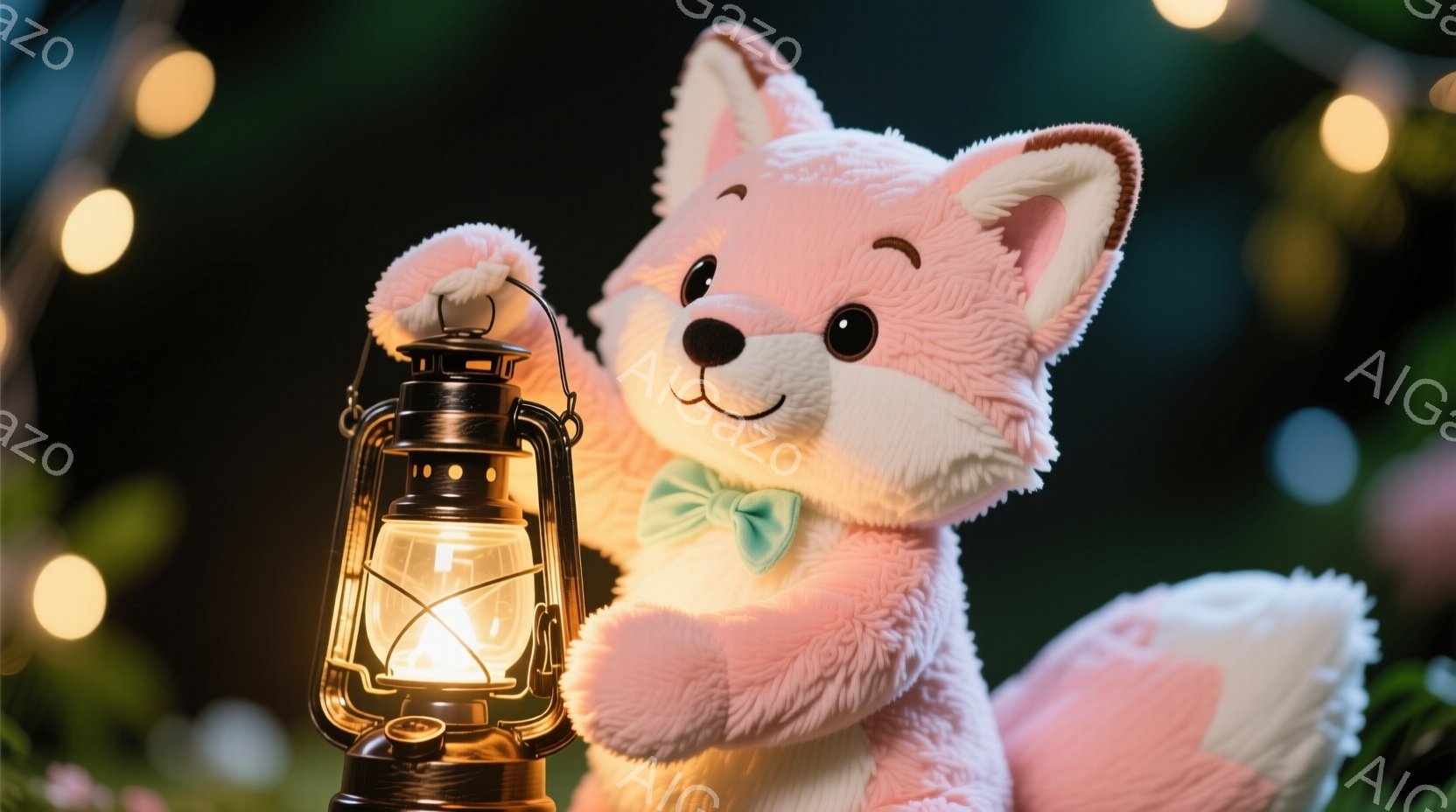 ふわふわのピンクと白の毛並みを持つ、可愛らしいキツネのぬいぐるみです。ターコイズブルーのリボンをつけており、片方の手には点灯したランタンを持っています。背景は暗く、ぼやけた光の点々が夜空や装飾を連想さ - AI生成フリー素材