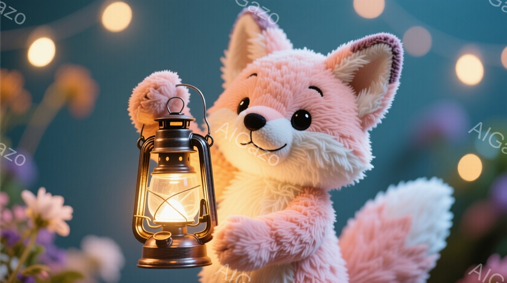 キュートなポップアップデザインの赤いキツネコプラスタウンの夜景。キツネコは照明機（ランプ）を抱えて笑顔で、雪のような花が下にある。