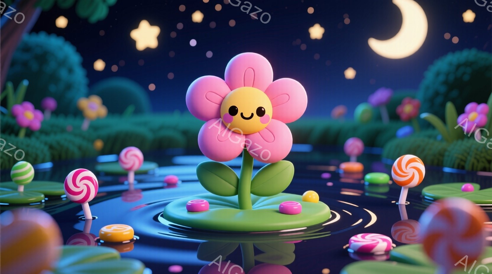 明るいピンク色の花が池の中央に浮かんでおり、愛らしい笑顔を浮かべています。周囲には色とりどりのキャンディが水面に浮かび、背景には緑豊かな植物と夜空に輝く星や三日月が見えます。全体的に、夢のような、甘く - AI生成フリー素材