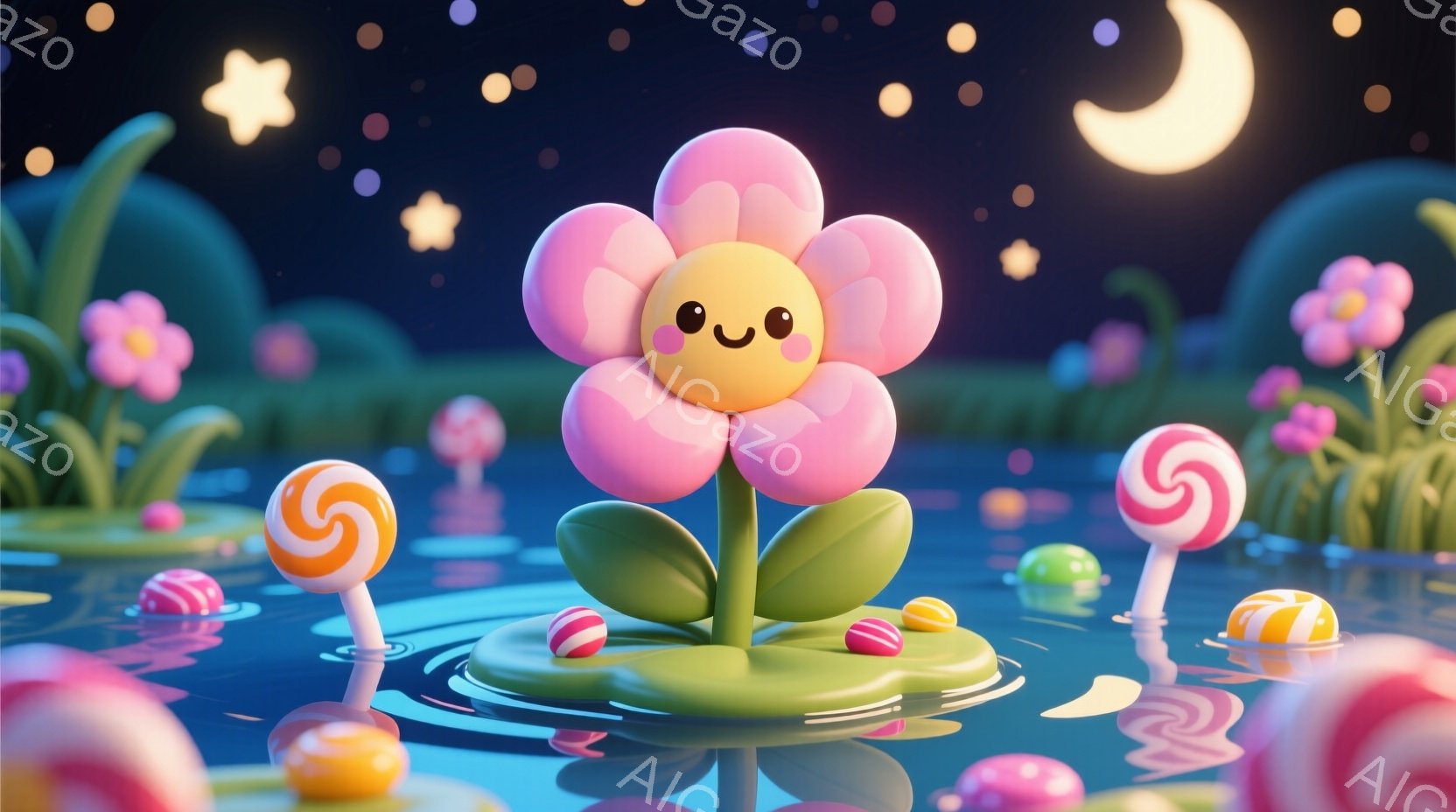 明るいピンク色の花が、水面に浮かぶ緑色の葉の上に立っている。周りにはキャンディが水面に浮かび、背景には夜空と月、星が散りばめられている。全体的に可愛らしく、夢のような雰囲気が漂っている。 - AI生成フリー素材
