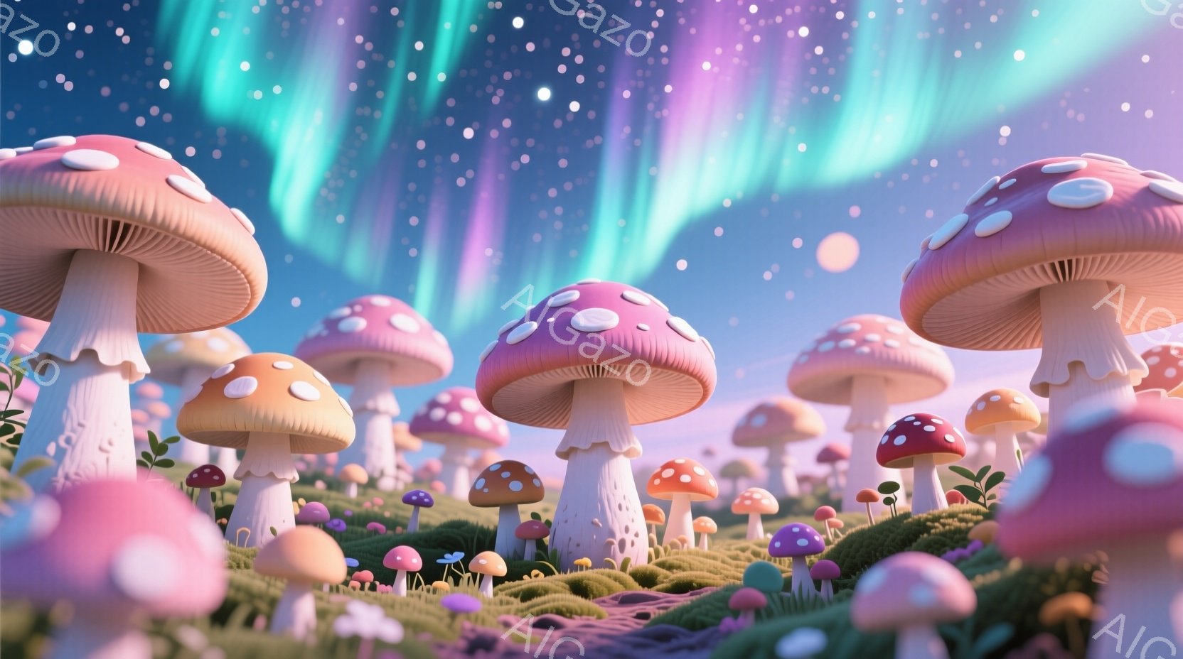 広大な草原に、様々な色とりどりの大きなキノコが無数に生い茂っている様子が描かれている。夜空にはオーロラが輝き、星が散りばめられて幻想的な雰囲気を醸し出している。キノコの表面には白い斑点が点在し、緑の草 - AI生成フリー素材
