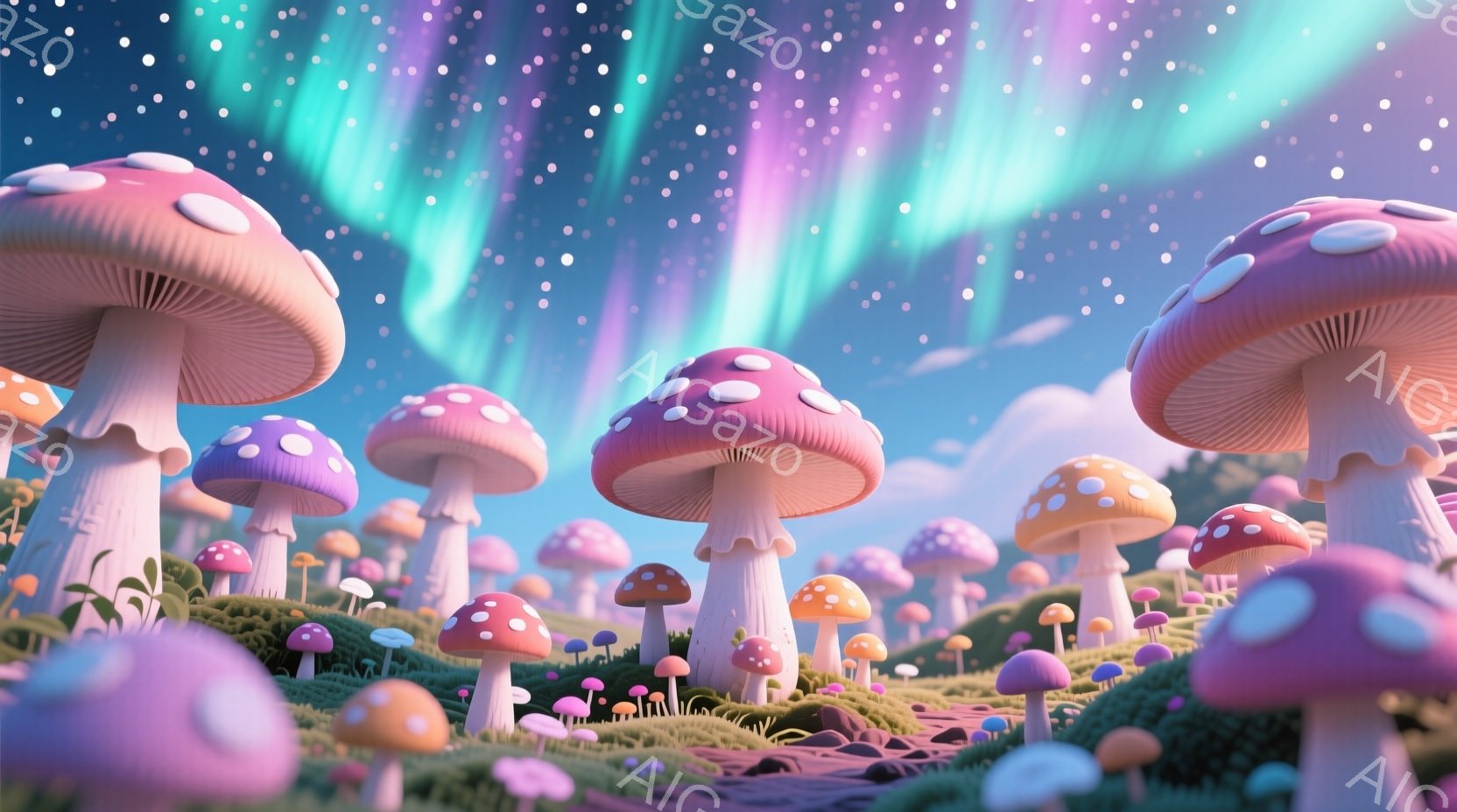 広大な丘にカラフルなキノコが密集しており、赤、ピンク、オレンジ、紫など、さまざまな色合いが目に飛び込んできます。背景には、鮮やかなオーロラが夜空を彩り、幻想的な雰囲気を醸し出しています。キノコの傘は点在する白い斑点で飾られ、丘の緑豊かな草とのコントラストが美しい光景を作り出しています。