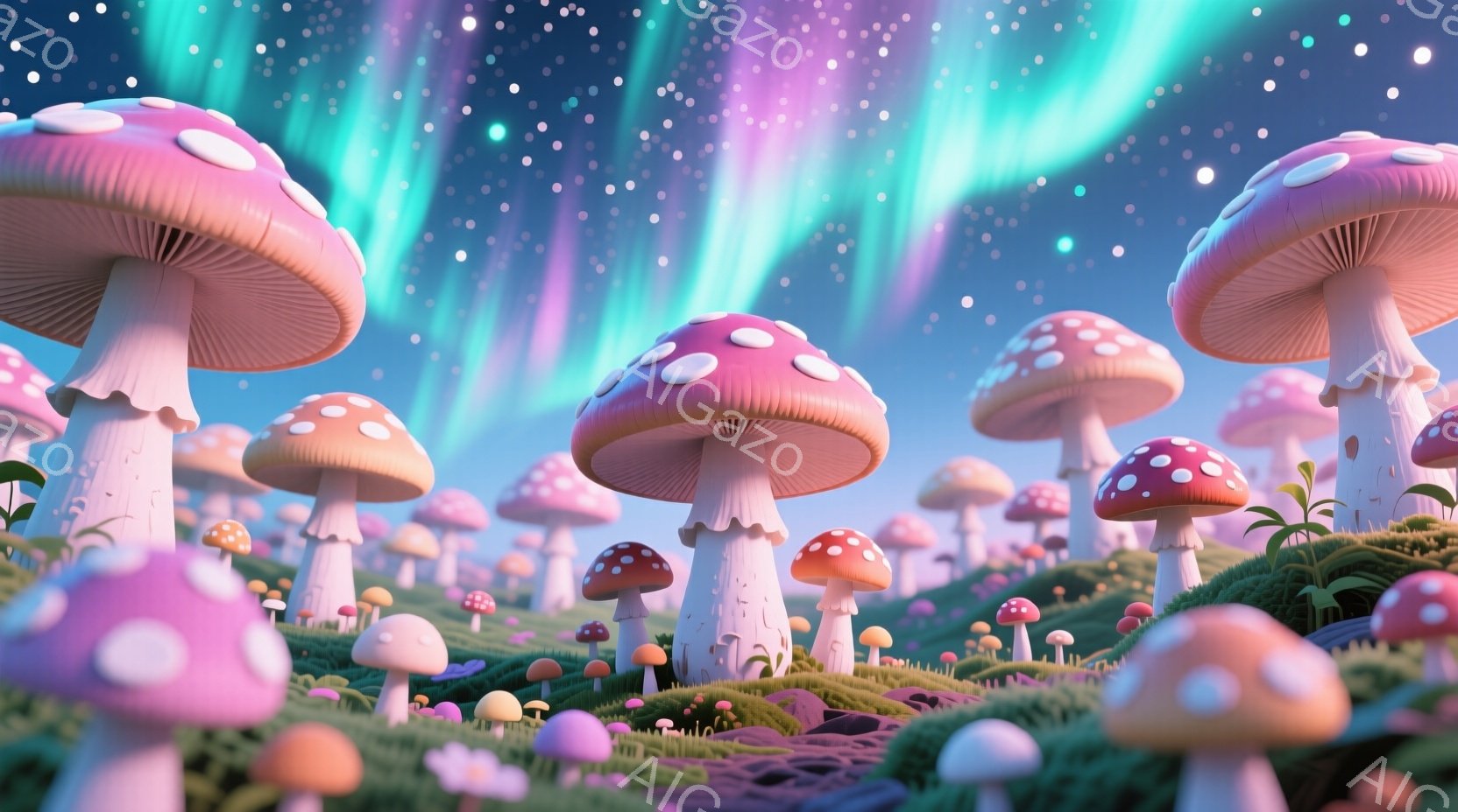 広大な草原に、様々な色とりどりのキノコが密集して生えています。空にはオーロラのような虹色の光が輝き、幻想的な雰囲気を作り出しています。キノコは白地に赤やピンク、オレンジなどの斑点があり、可愛らしい印象 - AI生成フリー素材