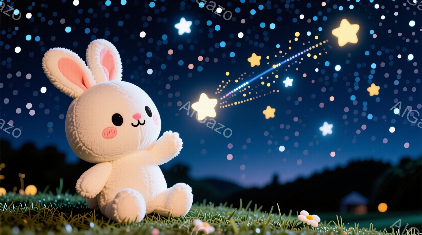 ふわふわの白いウサギのぬいぐるみは、緑の草の上に座って、夜空を見上げています。星が輝き、流れ星がウサギの頭上を横切る様子が描かれており、その表情は穏やかで、どこか夢見心地です。背景には、ぼんやりと見える家々と、暗いシルエットの丘が広がっており、全体的に幻想的で優しい雰囲気です。