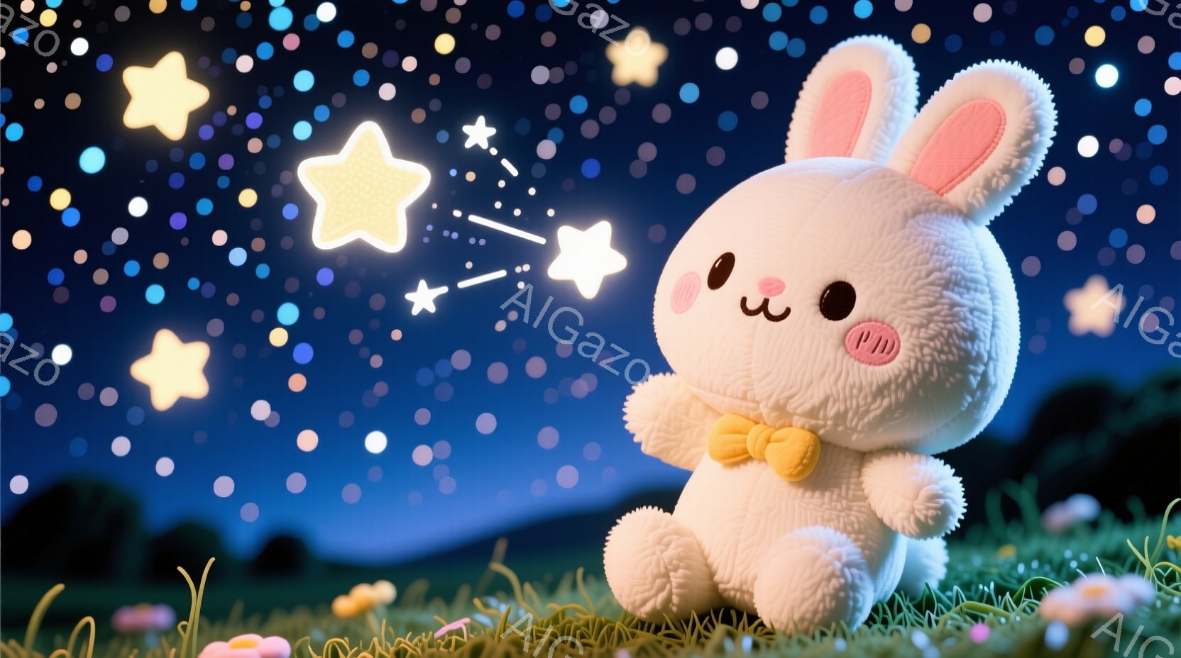 ふわふわの白いウサギが緑の草の上に座っており、黄色いリボンを結んだ可愛らしい姿をしています。ウサギは少し微笑んでおり、周りには星がキラキラと輝き、夜空の下で夢を見ているような雰囲気です。背景には緑の丘 - AI生成フリー素材