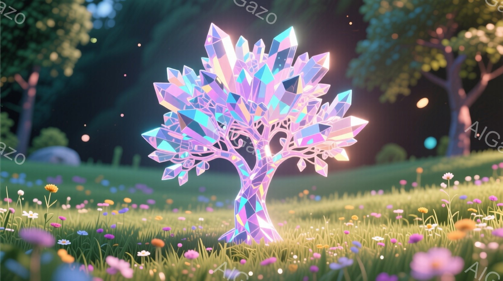 鮮やかな緑の草原に、クリスタルでできた木が生えています。木は多面体の結晶で構成され、虹色に輝き、周囲に散らばる小さな花々とのコントラストが美しいです。背景にはぼんやりとした緑の丘と木々が見え、幻想的な - AI生成フリー素材