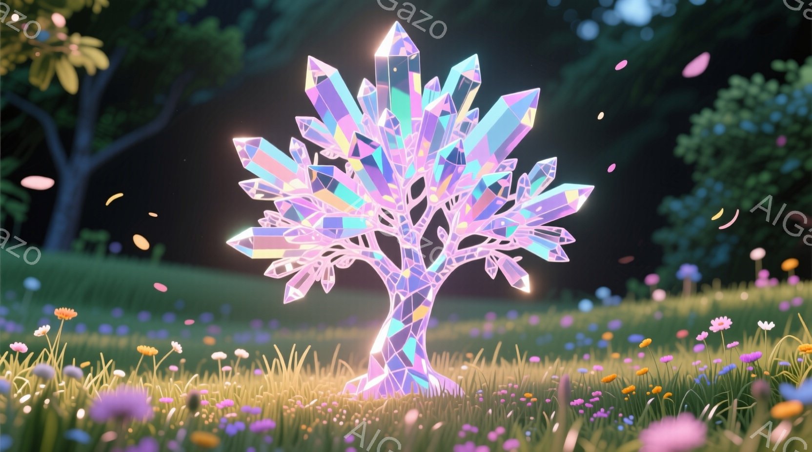光り輝くクリスタルの木が、花々が咲き乱れる草原にそびえ立っている。木はまるで宝石のように多面体で構成されており、光を反射して虹色に輝いている。背景には緑豊かな草地と、ぼんやりと見える木々が広がり、幻想 - AI生成フリー素材