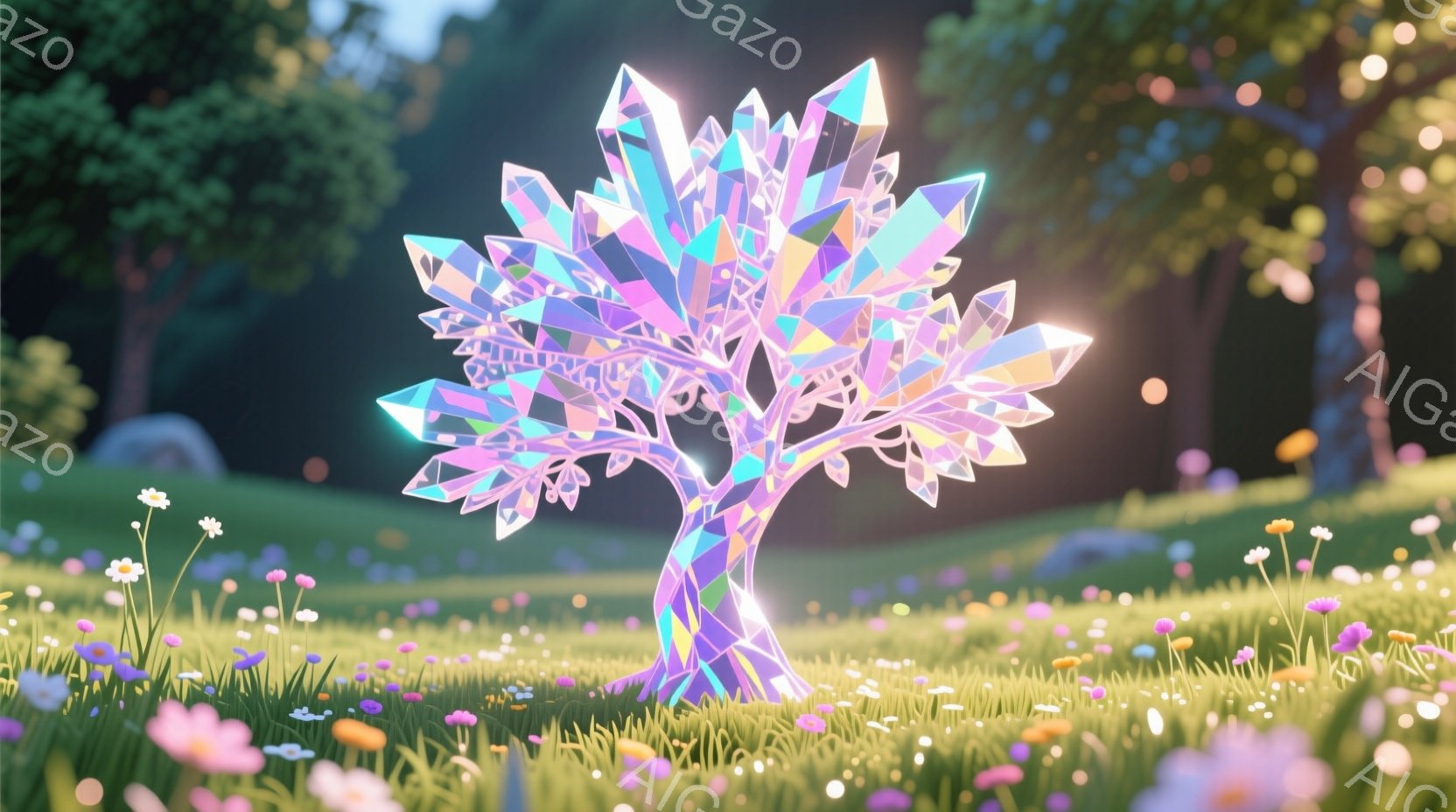 広々とした緑の草原に、クリスタルの木が生えています。木は多面体の結晶で構成されており、太陽光に照らされて虹色に輝いています。背景には、ぼやけた緑の丘や木々が見え、穏やかで幻想的な雰囲気を醸し出していま - AI生成フリー素材