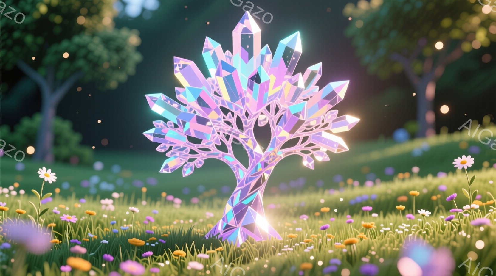 広々とした緑の草原に、クリスタルでできた木が生えています。クリスタルの木は、様々な色合いの紫、青、ピンクが混ざり合い、光を反射して輝いています。背景には、ぼやけた緑の木々と、小さな花々が咲き乱れる草原 - AI生成フリー素材