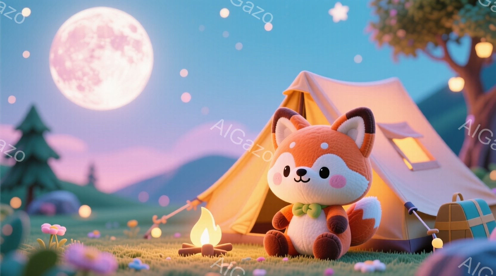 オレンジ色の可愛らしいキツネが、緑の蝶ネクタイを身につけ、丸太の周りに座ってマシュマロを焼いている。背景には、テント、丘、そして満月が夜空に輝き、草の上には小さな光が点在している。全体的に温かく、穏や - AI生成フリー素材