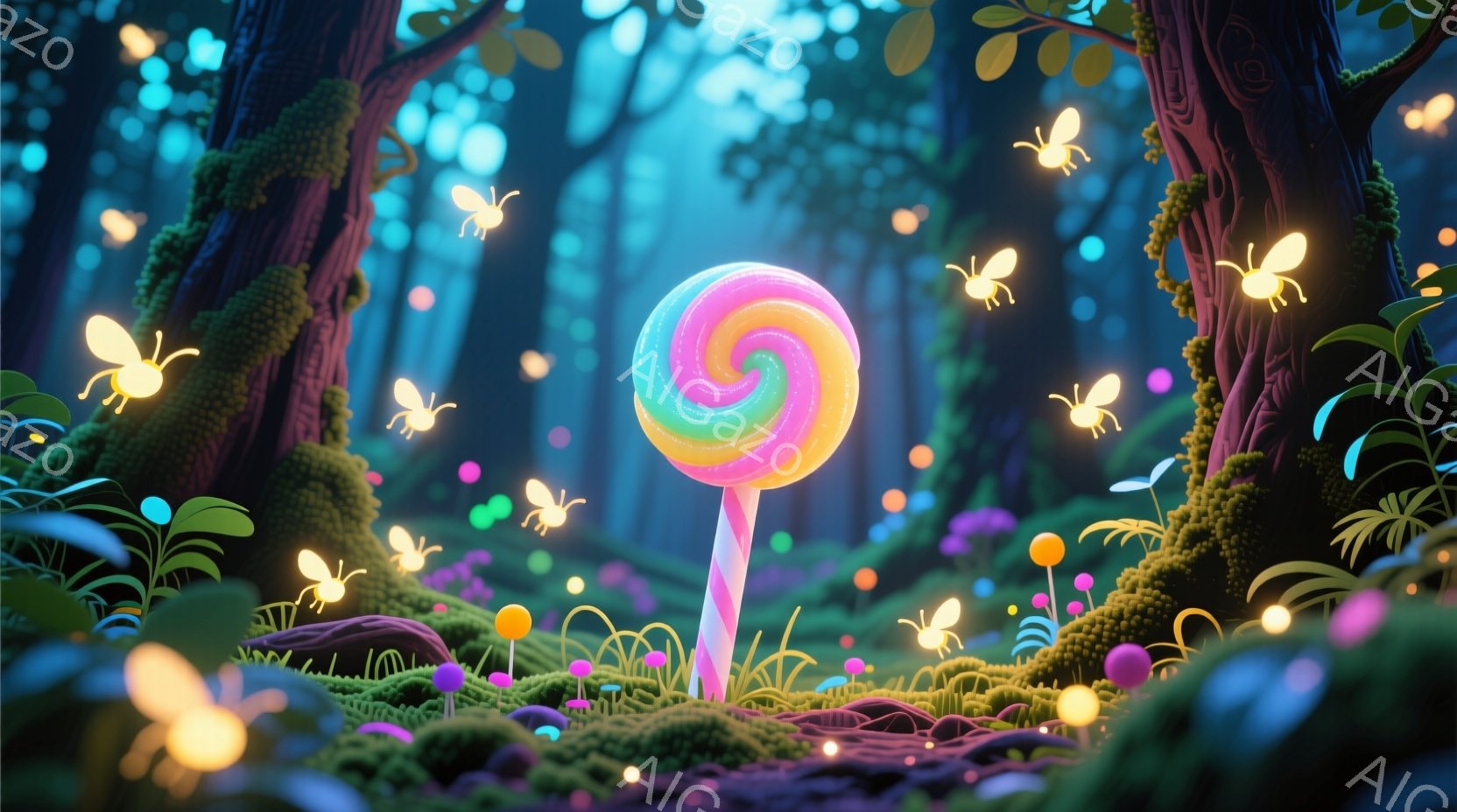 鮮やかな色彩のキャンディが、緑豊かな森の中に生えている奇妙な光景が描かれている。背景には苔むした木々が生い茂り、小さなキノコや植物が点在し、夜空には発光する小さな虫たちが舞っている。全体的に幻想的で、 - AI生成フリー素材