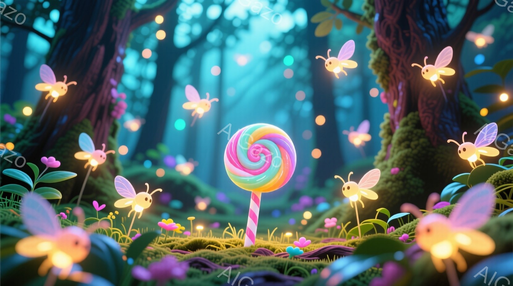 鮮やかな色彩のファンタジーな森の風景で、巨大な渦巻き状のキャンディが中央に立っている。周囲には、光を放つ小さな妖精のような昆虫が舞い、地面にはピンクや紫色の可愛らしい花々が咲き乱れている。背景には苔むした木々が生い茂り、幻想的で穏やかな雰囲気を醸し出している。