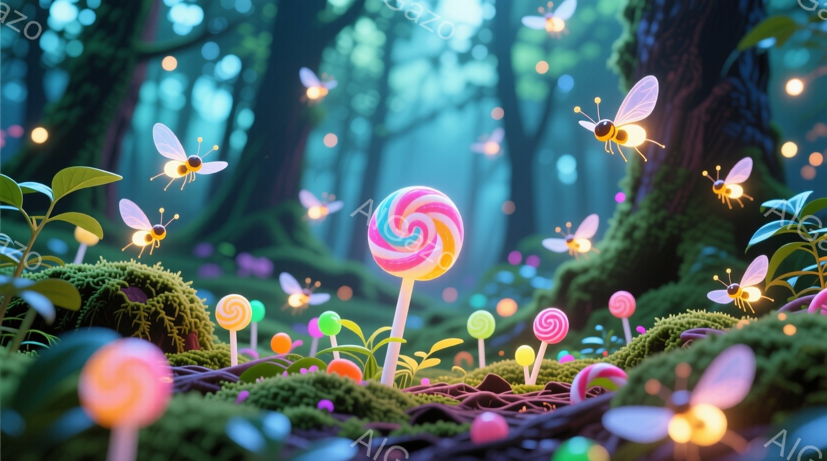 鮮やかな緑色の苔の上に、様々な色の棒付きキャンディーが咲き乱れている様子が描かれています。背景には深い森が広がり、夜空には小さな光る妖精のような昆虫が舞い、幻想的な雰囲気を醸し出しています。全体的に、 - AI生成フリー素材