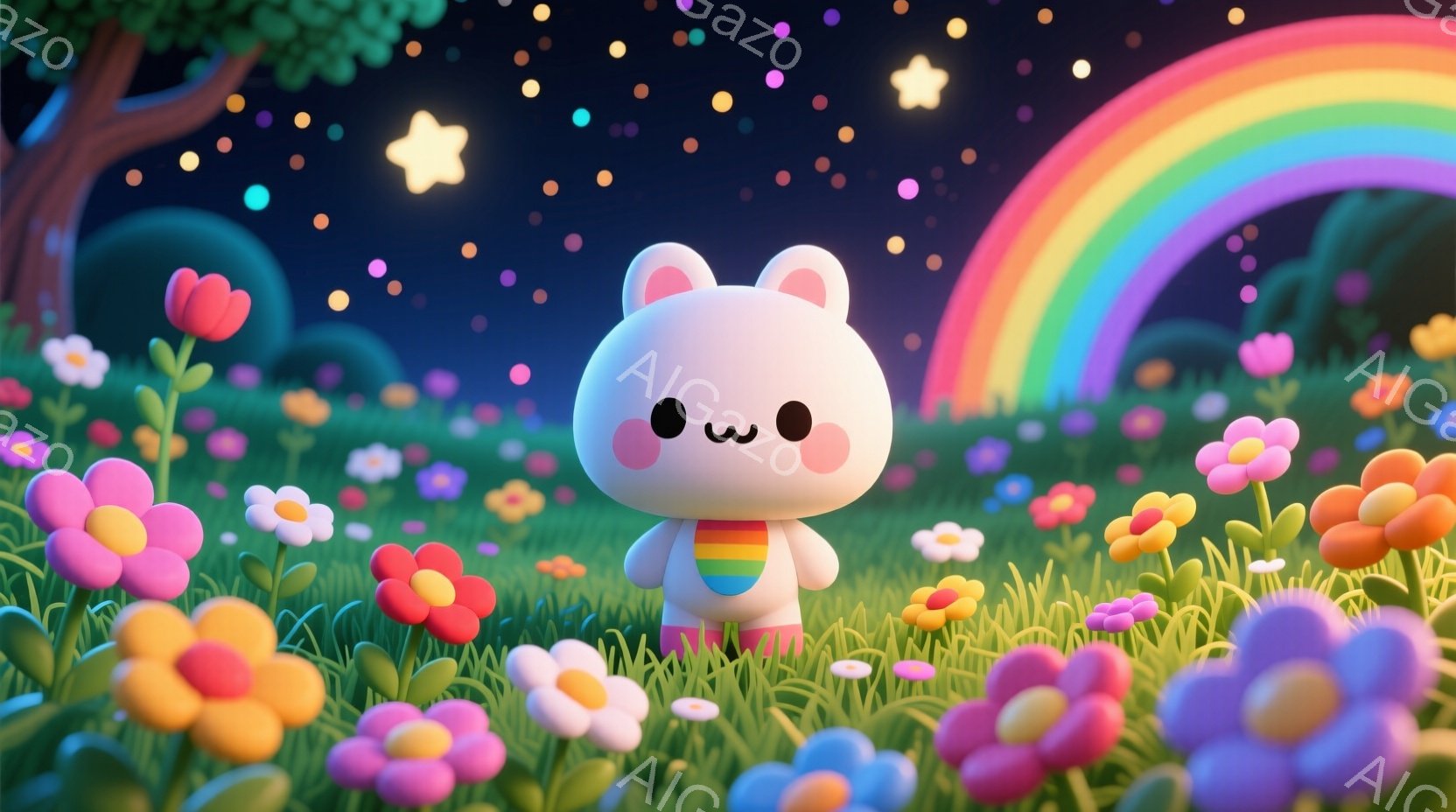 白くてふわふわした子ウサギが、虹色のストライプのシャツを着て、花畑の中に立っています。大きなつぶらな瞳と、控えめな笑顔が愛らしい表情を作り出しています。背景には緑豊かな草地、色とりどりの花々、そして遠 - AI生成フリー素材