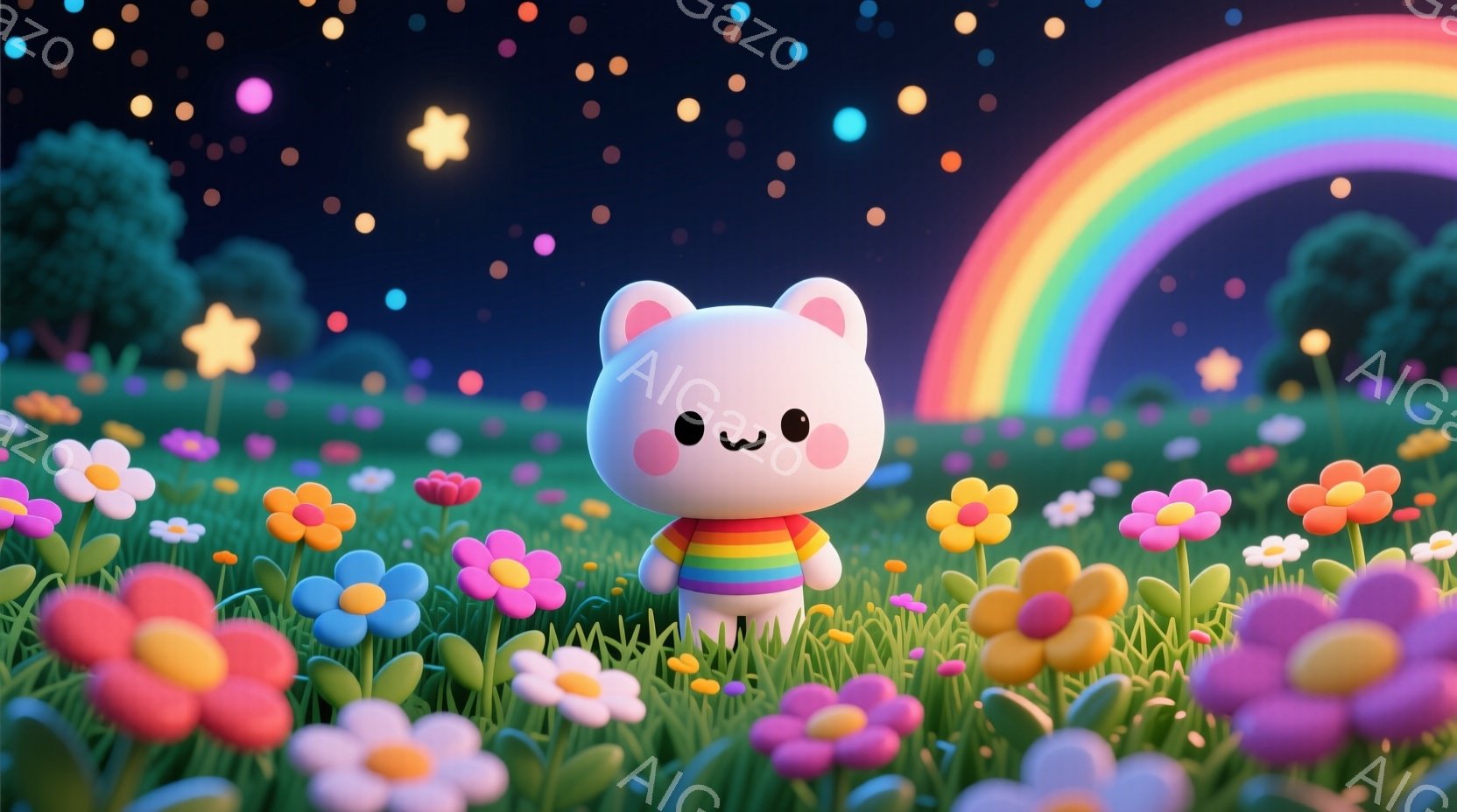 柔らかいクリーム色のクマのキャラクターが、色とりどりの花畑の中に立っています。キャラクターは虹色のストライプのシャツを着ており、つぶらな瞳と控えめな笑顔が愛らしい印象を与えます。背景には緑豊かな草地、 - AI生成フリー素材