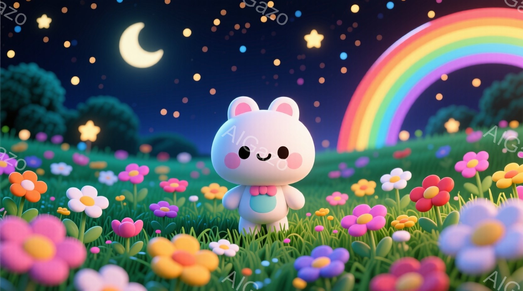 明るい花畑に、白いふわふわのウサギのキャラクターが立っています。ピンクのリボンをつけており、つぶらな瞳と控えめな笑顔が可愛らしいです。背景には虹がかかり、夜空には星が散りばめられており、夢のような、穏 - AI生成フリー素材
