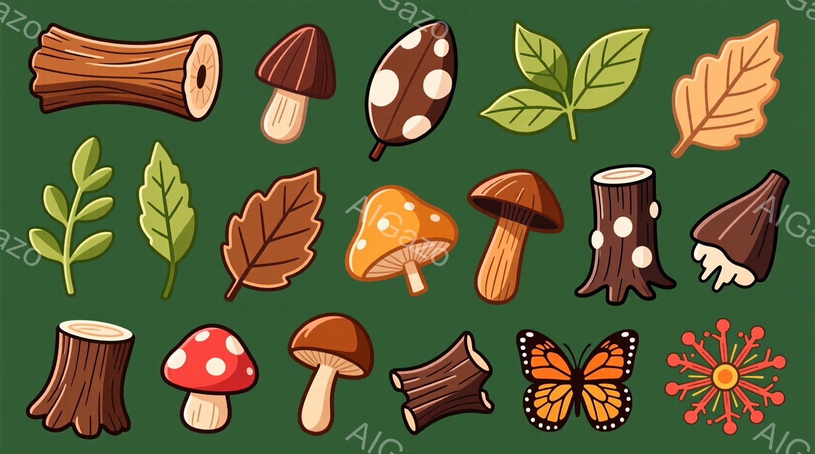様々な自然の要素が散りばめられたイラストレーションです。切り株、きのこ、葉っぱ、蝶、そして植物の茎などが、濃い緑色の背景に配置されています。全体的に温かみのある秋の雰囲気を感じさせます。