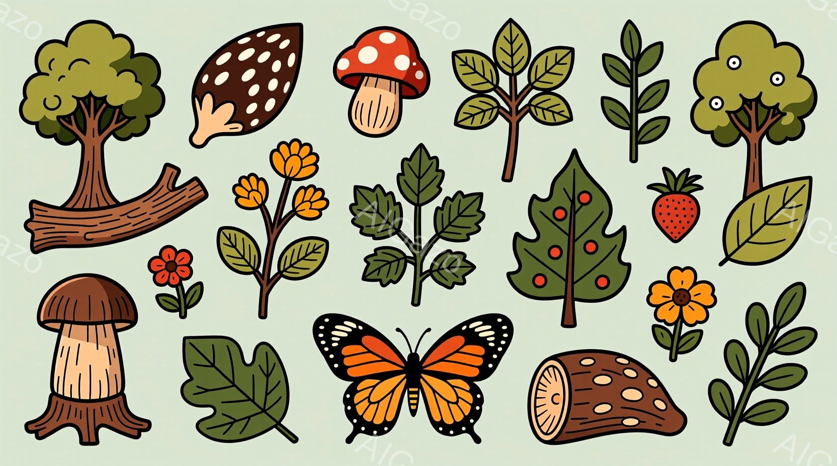 様々な植物や昆虫のイラストレーションが散りばめられたものです。赤と白の毒キノコ、緑の葉、オレンジ色の花、そしてモンシロチョウが描かれており、背景は単色で統一されています。全体的に自然をテーマにした、可愛らしい雰囲気のイラストです。