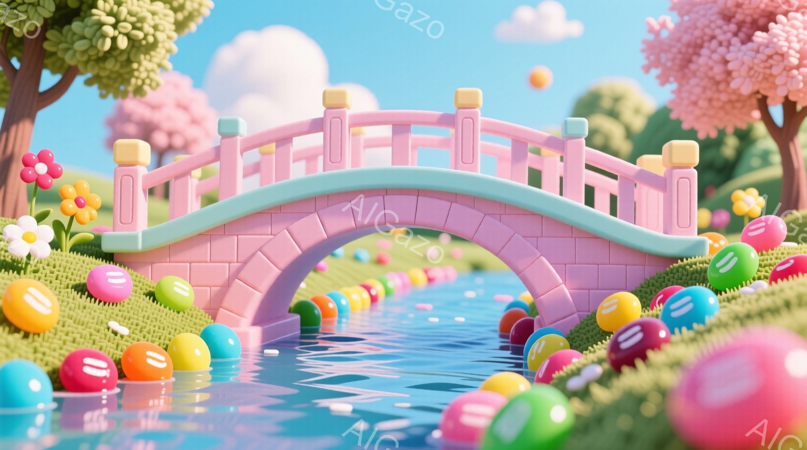 鮮やかなピンク色のアーチ橋が、青い小川にかかっています。橋の周りや緑の芝生の上には、色とりどりのキャンディーのような球体が散らばっており、まるで夢のような光景です。背景には、パステルカラーの木々とふわふわとした雲が広がり、穏やかで可愛らしい雰囲気を醸し出しています。