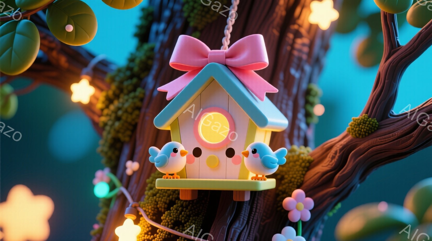 可愛らしい鳥の家が、木の枝にぶら下がっている様子が描かれています。明るい黄色とピンク色の家には、青い鳥が2羽とまっており、可愛らしい表情を見せています。背景には、色とりどりの花や光る電飾が散りばめられ - AI生成フリー素材