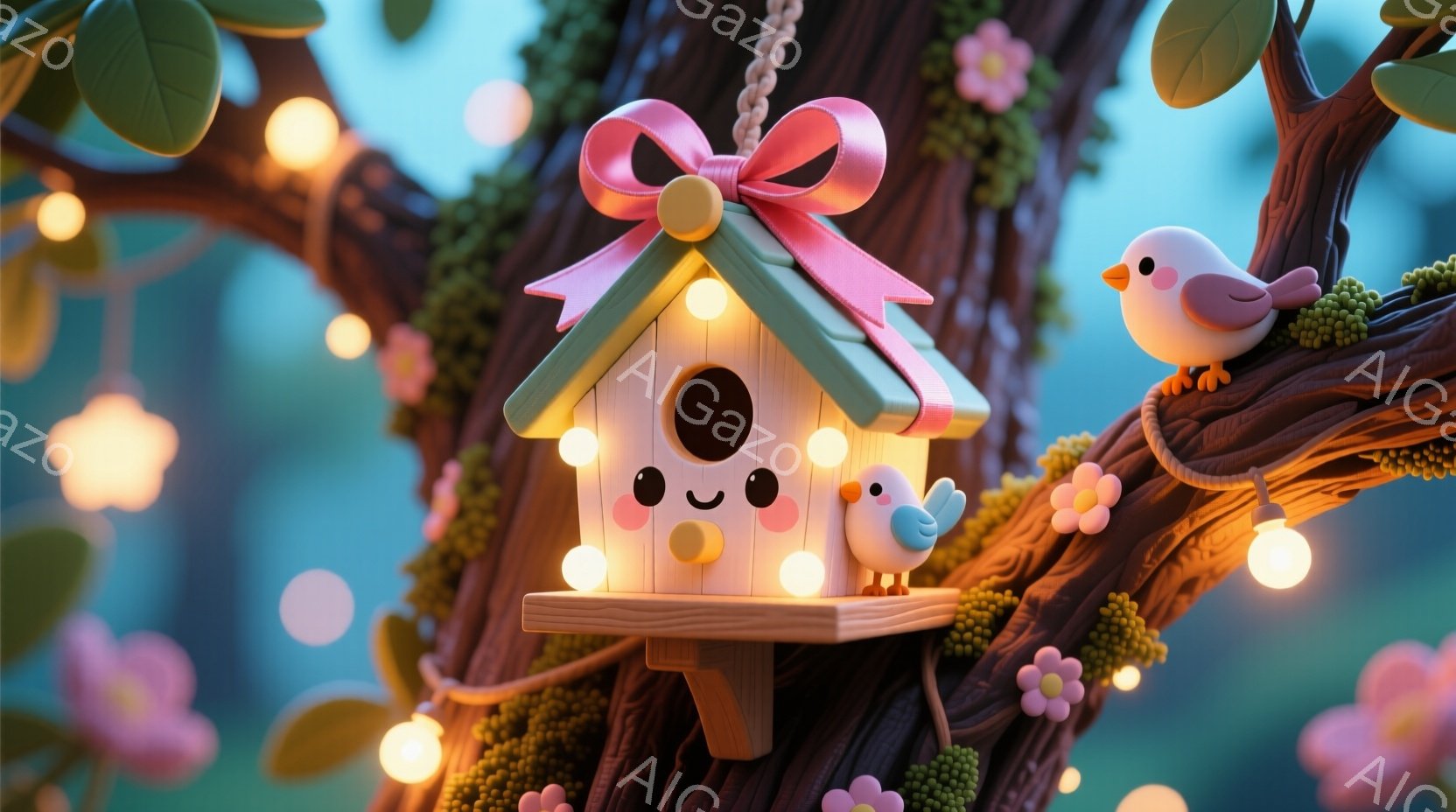 可愛らしい小鳥の巣箱が、苔むした木の枝に設置されています。巣箱には愛らしい表情が描かれており、優しい光が灯っています。背景にはぼやけた花々や点在する光が散りばめられ、暖かく幻想的な雰囲気を醸し出してい - AI生成フリー素材