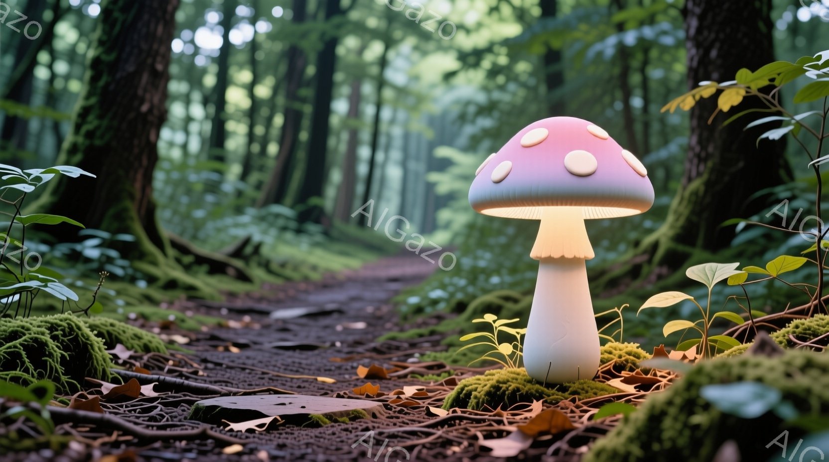 緑豊かな森の中の小道に、巨大なキノコ型の照明が置かれている。キノコは白とピンクのまだら模様で、温かい光を放ち、周囲の苔や植物を照らしている。背景には深い緑の木々が立ち並び、幻想的で静寂な雰囲気を醸し出 - AI生成フリー素材