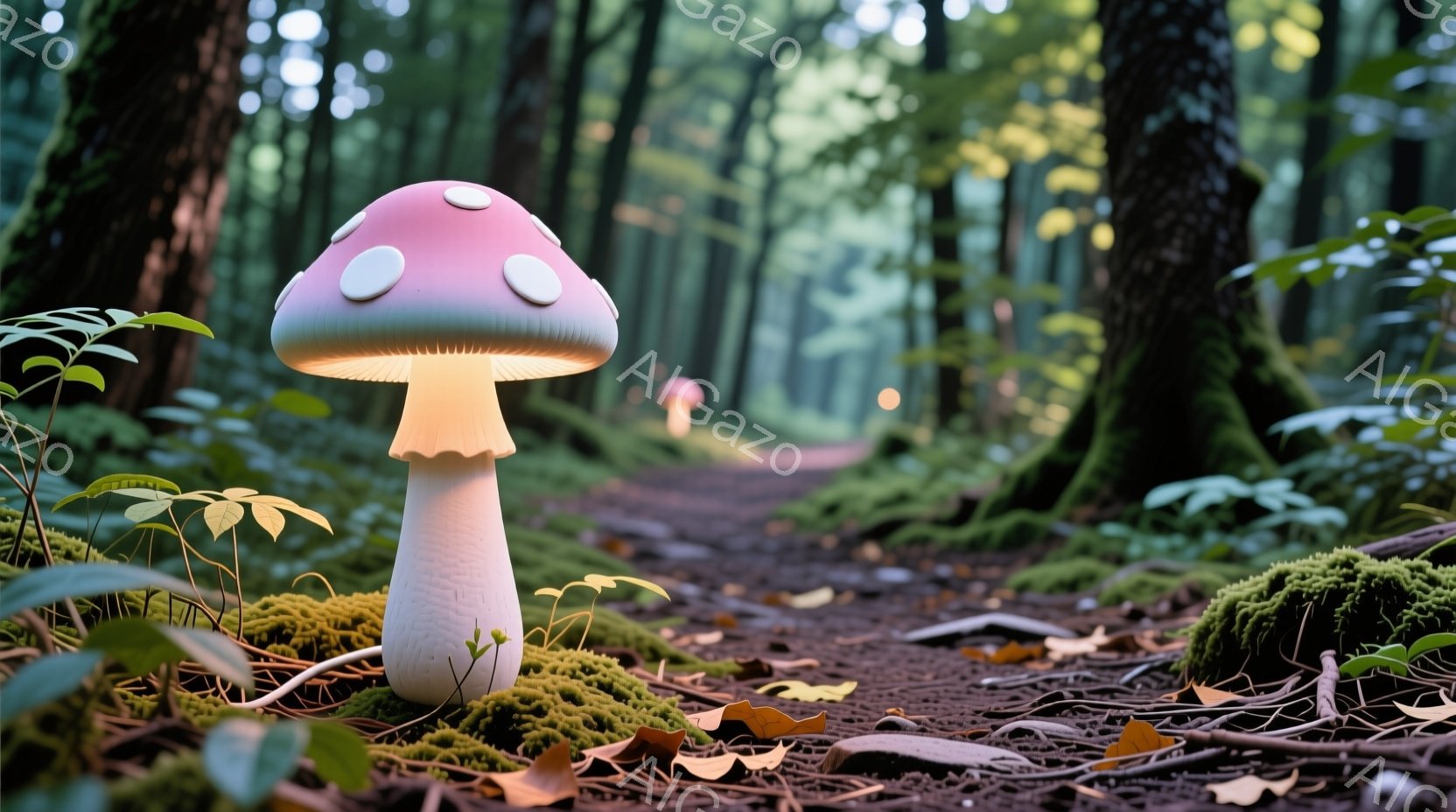 鬱蒼とした森の中の小道に、大きなキノコ型のランプが置かれている。ランプはピンク色と白で、周囲は緑色の苔と落ち葉で覆われ、柔らかい光を放ち、幻想的な雰囲気を醸し出している。遠方にはぼんやりと他のキノコ型の光が見え、深い森の奥へと続く道が示唆されている。