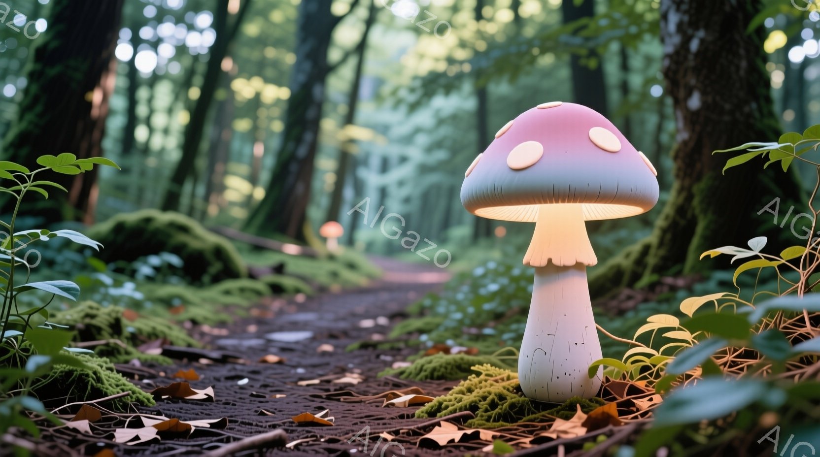 緑豊かな森林の中、光を放つ大きなキノコ型のランプが描かれている。苔むした地面と落葉が散らばる道にキノコが置かれ、背景にはぼやけた木々が広がっている。全体的に幻想的で穏やかな雰囲気が漂う。 - AI生成フリー素材