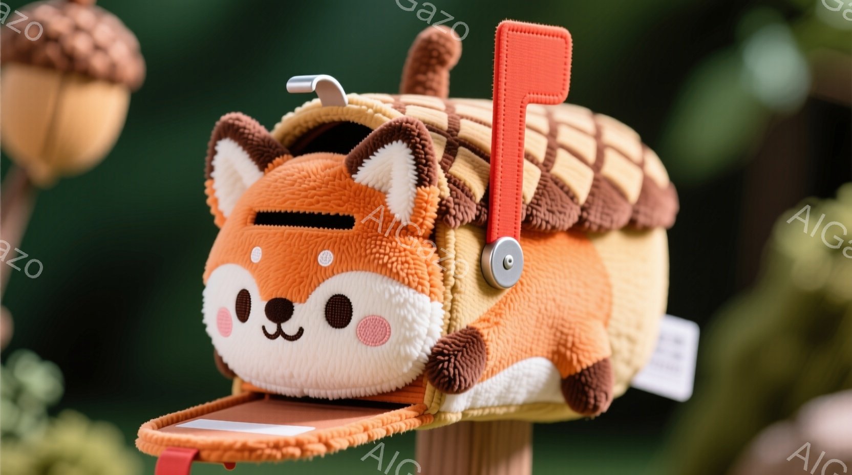 リアルサイズの着せるキッティーとポストバッグを模倣した小さな動物型のメイルボックスです。このキッティーは童話風のデザインが特徴で、顔に大きな目とほほを持ち、背景は曇りの日のような明るい色合いであり、自然的な地形が見えます。