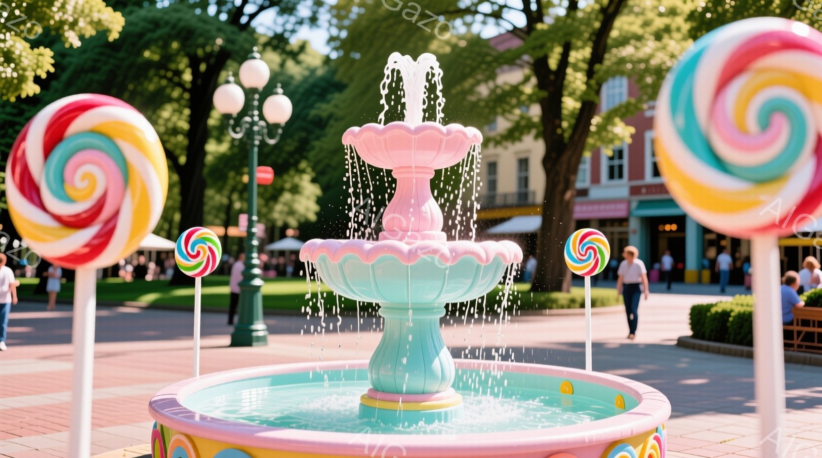 公園の中心には、明るいピンクとターコイズブルーのファンタジーのような噴水が設置されており、その周りには巨大なキャンディが立っている。背景には緑豊かな木々と、洗練された建物が並び、晴天の下、家族連れや人 - AI生成フリー素材