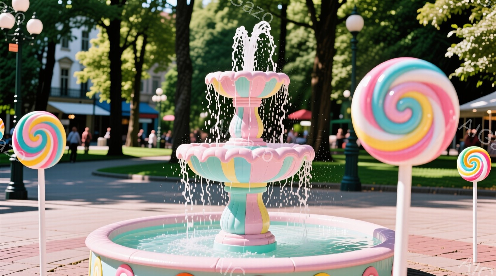カラフルなキャンディのような装飾が施された噴水が、石畳の広場の中央にあります。背景には緑豊かな木々と、遠くに見える建物が並び、晴天の下、明るく楽しい雰囲気が漂っています。人影はぼんやりとしか見えず、特 - AI生成フリー素材