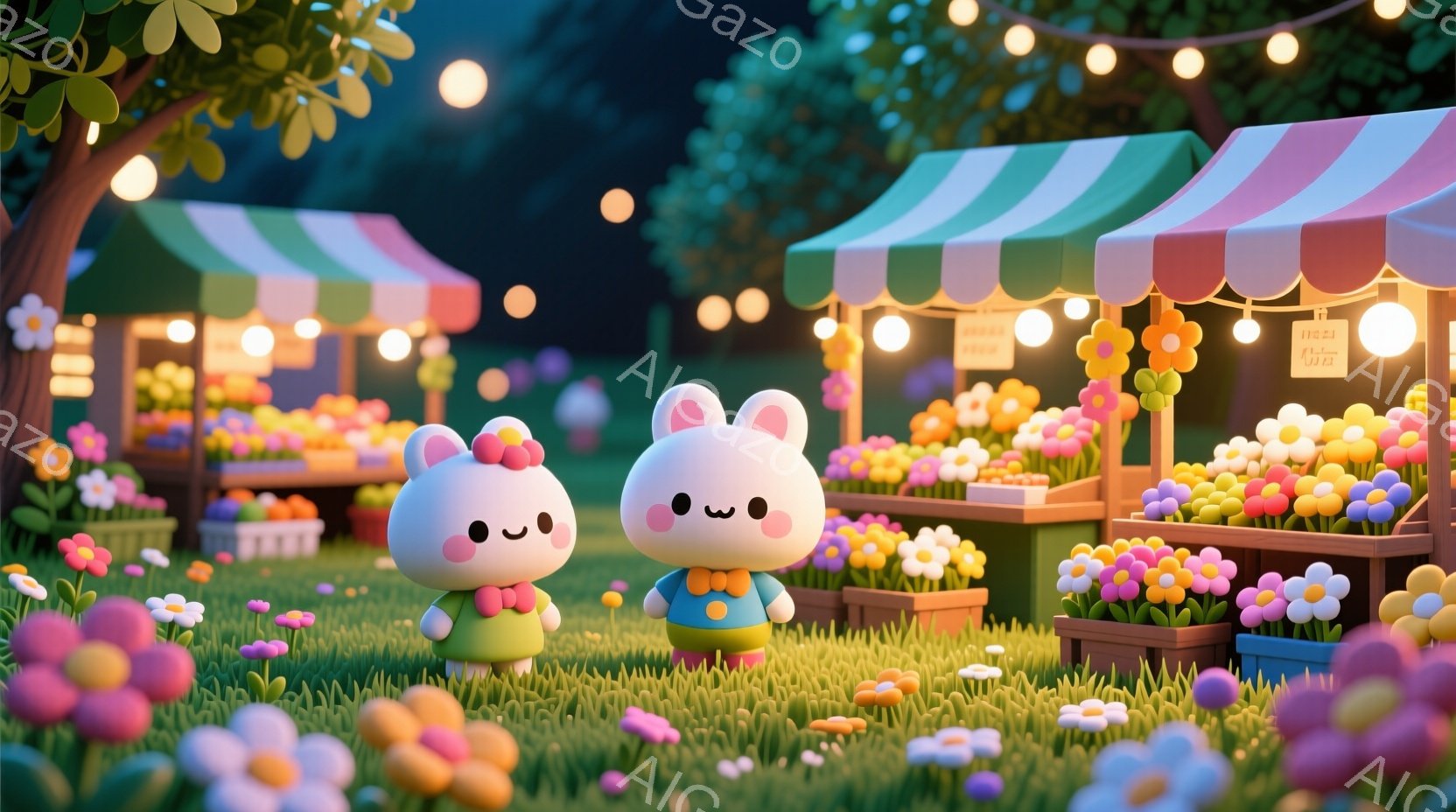 ふわふわした動物のようなキャラクターが二人、花でいっぱいの市場に立っています。一人はピンクの帽子と緑の服、もう一人は白い帽子と緑の服を着ており、どちらも可愛らしい笑顔を浮かべています。背景にはカラフルな花が並んだ屋台が立ち並び、緑豊かな草地と暖かい光が、のどかで楽しい雰囲気を醸し出しています。