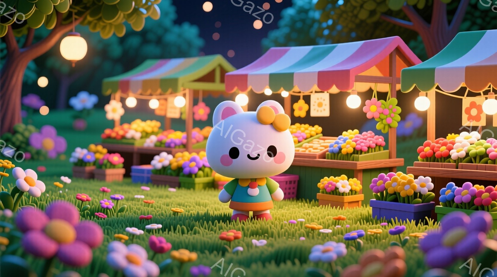 明るい緑の草原に、ピンク色の服を着た白い子猫のキャラクターが立っています。頭にはリボンがあり、丸い顔には可愛らしい表情が見られます。背景には、花で飾られた屋台が並び、夜空には星が輝き、暖かく幻想的な雰 - AI生成フリー素材