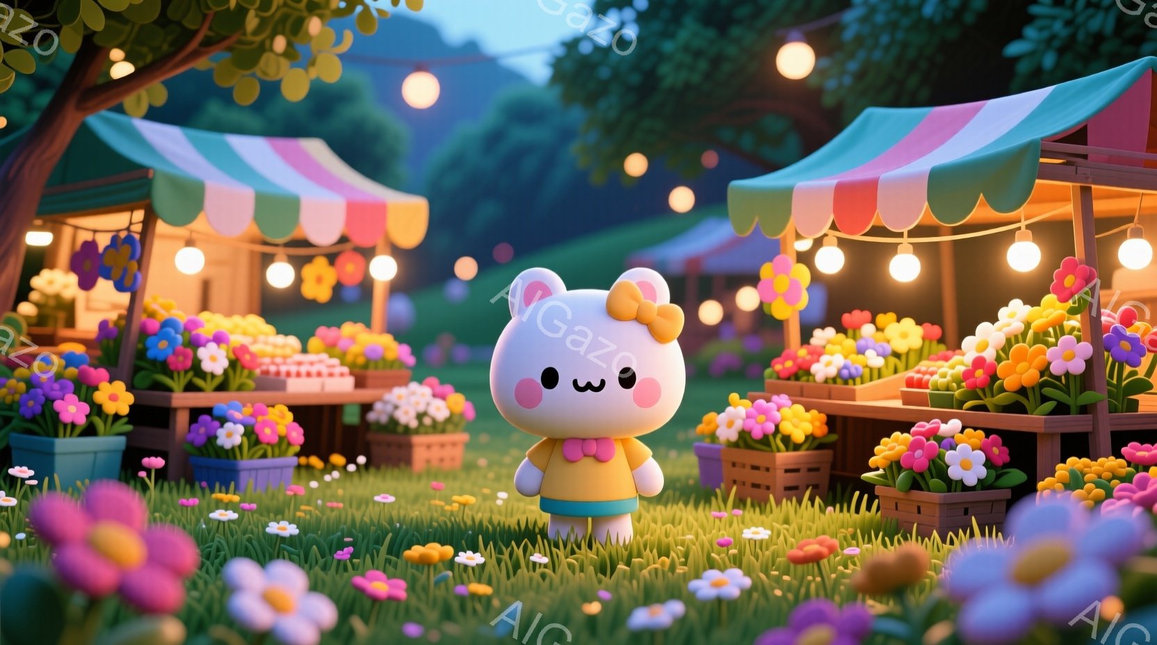 可愛いクマのキャラクターが、花でいっぱいの市場に立っています。緑色の服に黄色いリボン、そして頭にはピンクの花飾りをつけています。背景には、カラフルな屋台と緑豊かな自然が広がり、暖かく幻想的な雰囲気が漂 - AI生成フリー素材