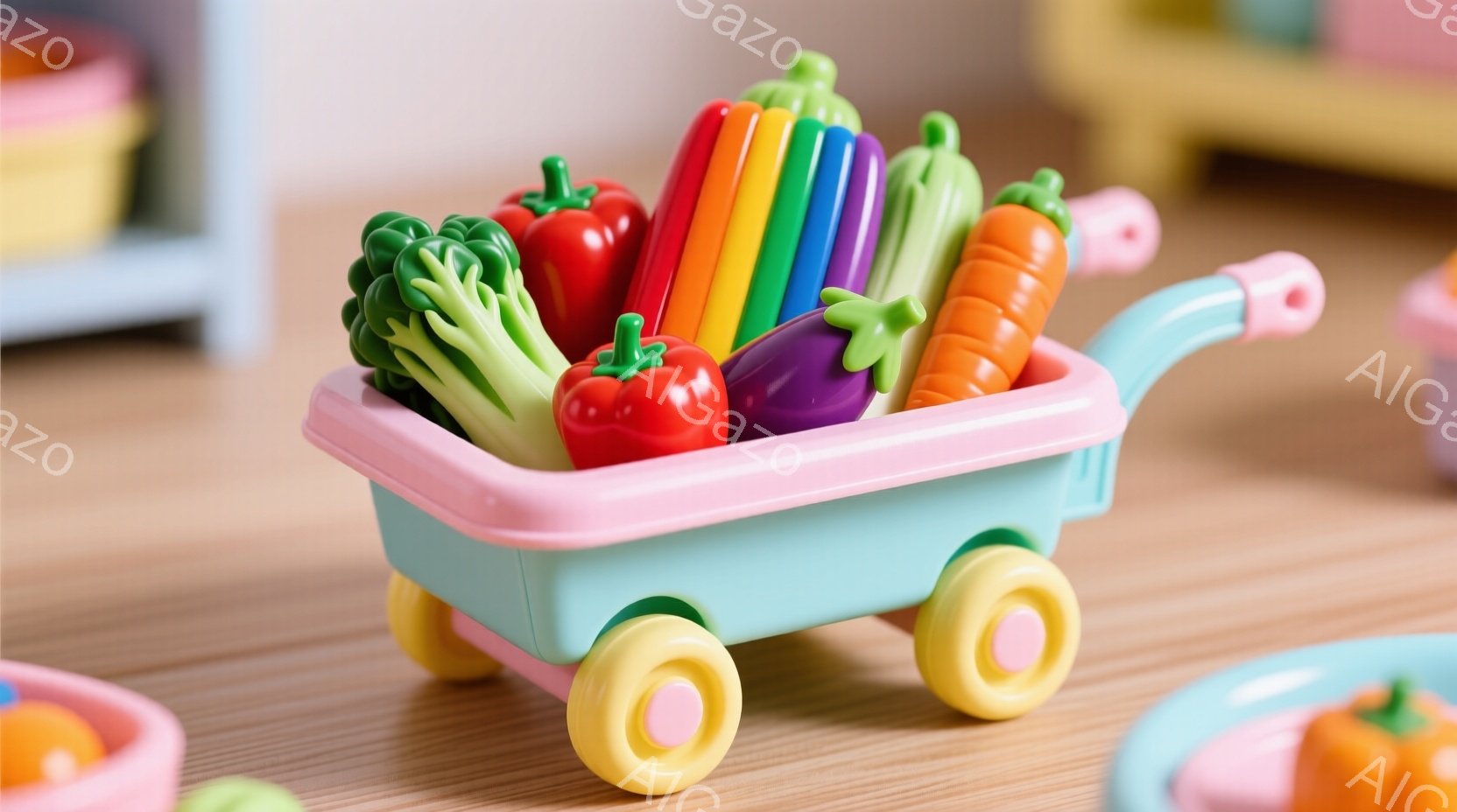 淡い水色のワゴンが、おもちゃの野菜で満たされています。トマト、ナス、ニンジン、ブロッコリーなどのカラフルな野菜がワゴンに詰め込まれており、鮮やかな色彩が目に飛び込んできます。背景には、同様のおもちゃが配置されており、子供向けの遊び心溢れる空間を表現しています。
