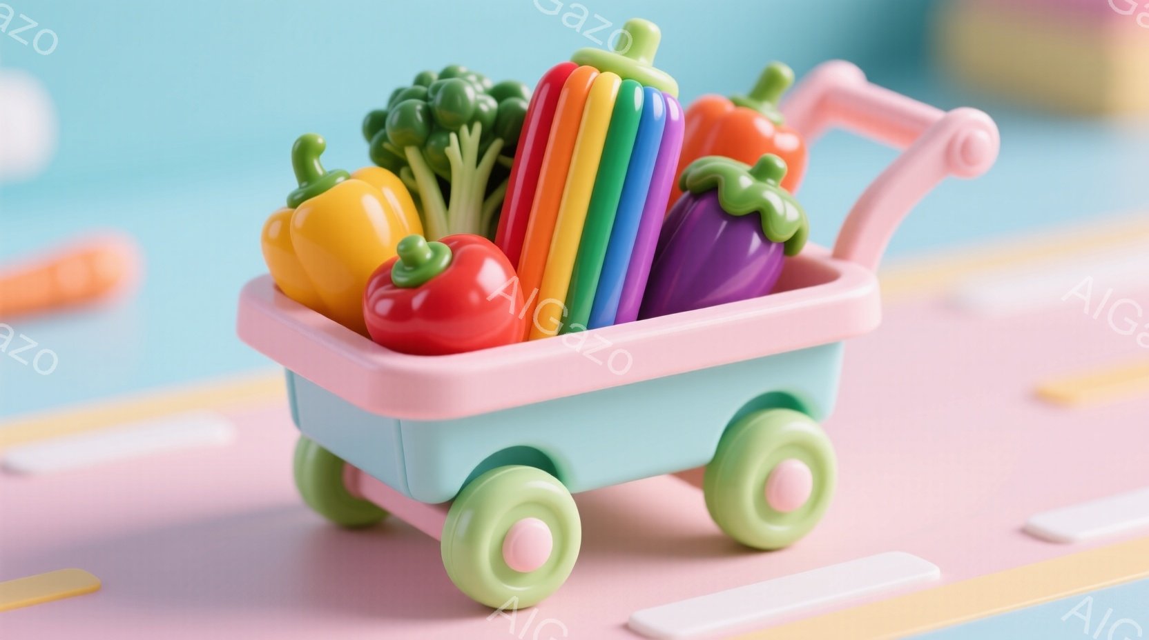 淡い水色の小さなワゴンが、カラフルな野菜でいっぱいになっています。赤、オレンジ、緑、紫、黄色の野菜がワゴンから飛び出すように積み込まれており、全体的に明るく楽しい雰囲気です。背景はパステルカラーの波模様で、遊び心のある空間を演出しています。