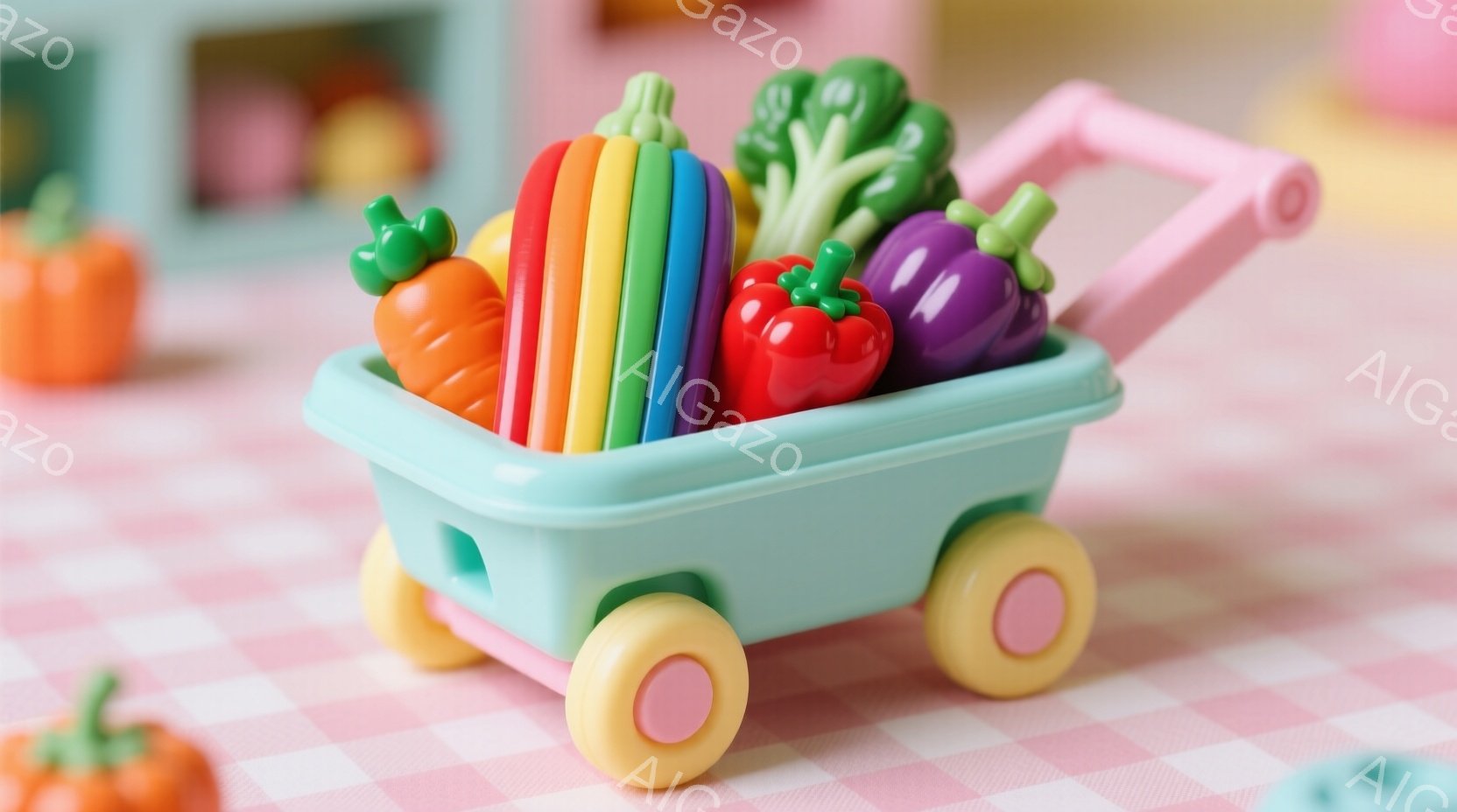 パステルグリーンの小さなカートには、カラフルなプラスチック製の野菜がいっぱいに入っています。オレンジ色のニンジン、緑色のブロッコリー、赤色のトマト、紫色のナスなどが可愛らしく並んでいます。背景はピンクと白のチェック柄のテーブルクロスで、カートの周りには小さなかぼちゃが置かれており、全体的に明るく遊び心のある雰囲気です。