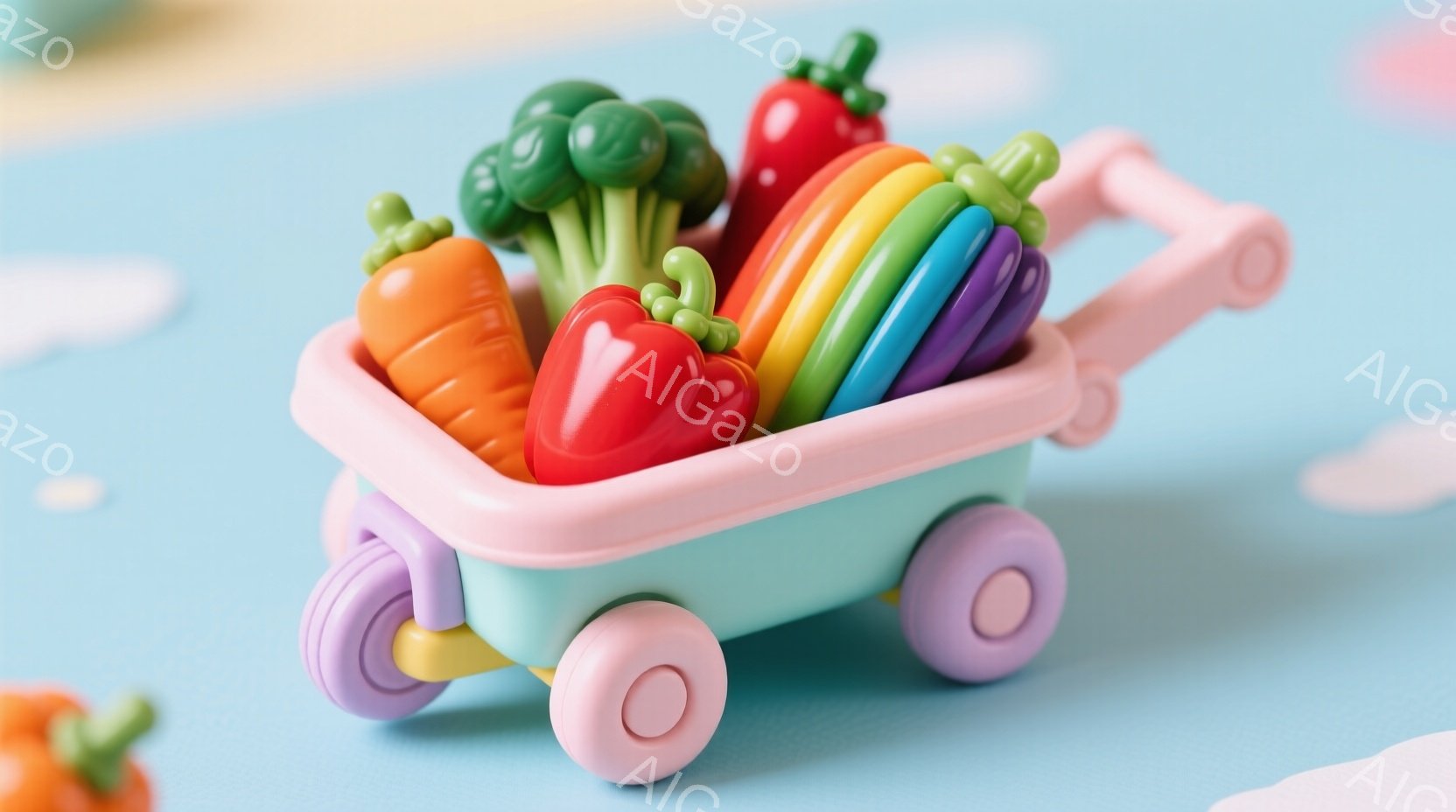薄い水色のワゴンに、様々な色の野菜がぎっしりと詰まっています。ニンジン、ブロッコリー、赤ピーマン、ナスなどが見え、車輪と取っ手はパステルピンクと紫で彩られています。背景は淡い水色で、全体的に明るく、可愛らしい雰囲気です。