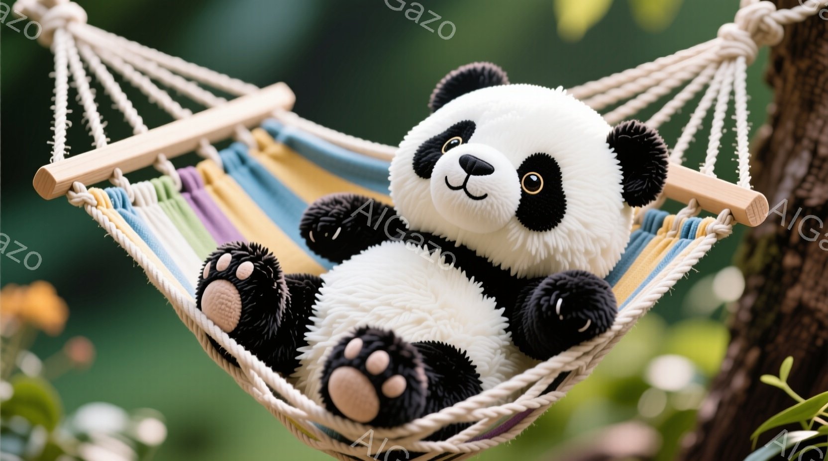 白黒のパンダのぬいぐるみが、カラフルなストライプのハンモックでリラックスして横たわっています。パンダは丸い体つきで、穏やかな表情で目を閉じ、両手を足元に置いています。背景には緑豊かな木々が見え、暖かく - AI生成フリー素材