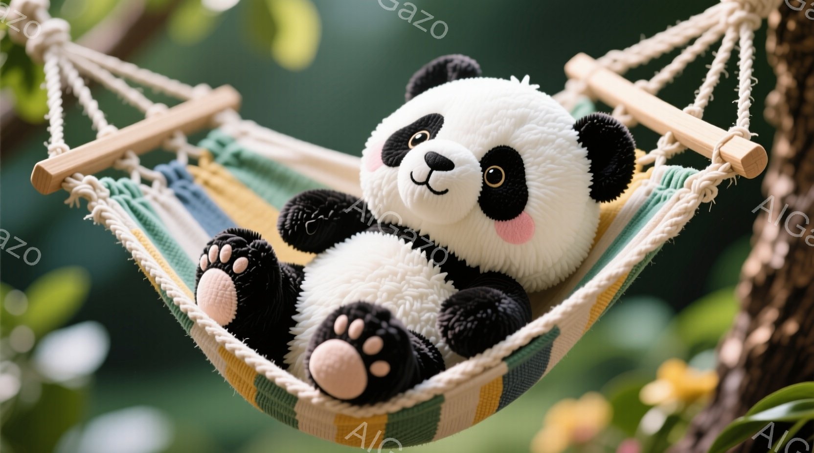 ふわふわのパンダのぬいぐるみは、緑、黄色、白のストライプのハンモックの中でリラックスして横たわっています。パンダは黒いパッチの目とピンクの頬を持っており、とても愛らしい表情をしています。背景には緑豊か - AI生成フリー素材