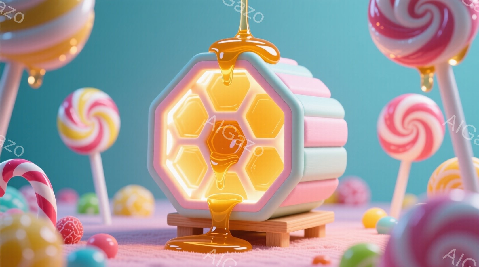 カラフルなキャンディーに囲まれた、六角形の蜜蝋の巣が中央に配置されています。蜜蝋からは蜂蜜が滴り落ち、薄いピンク色のふわふわした地面の上に、木製の台が置かれています。全体的に甘くて夢のような、遊び心のある雰囲気です。