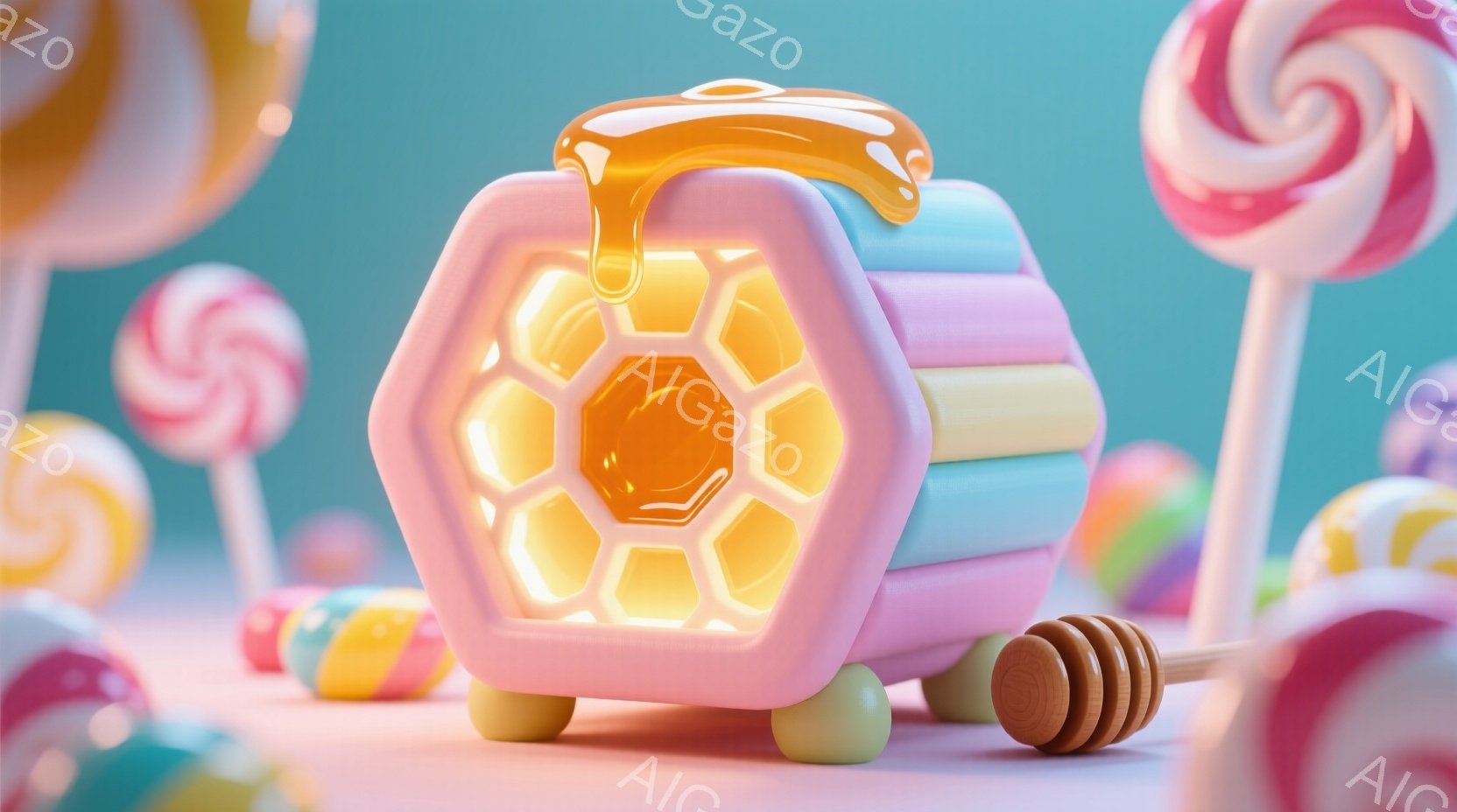鮮やかなパステルカラーのキャンディに囲まれた、蜂の巣を模した可愛らしい容器が中央に配置されています。容器からは蜜が流れ出し、隣には木製のハチミツスティックが置かれています。背景は明るいピンク色で、全体的に甘く、夢のような雰囲気です。