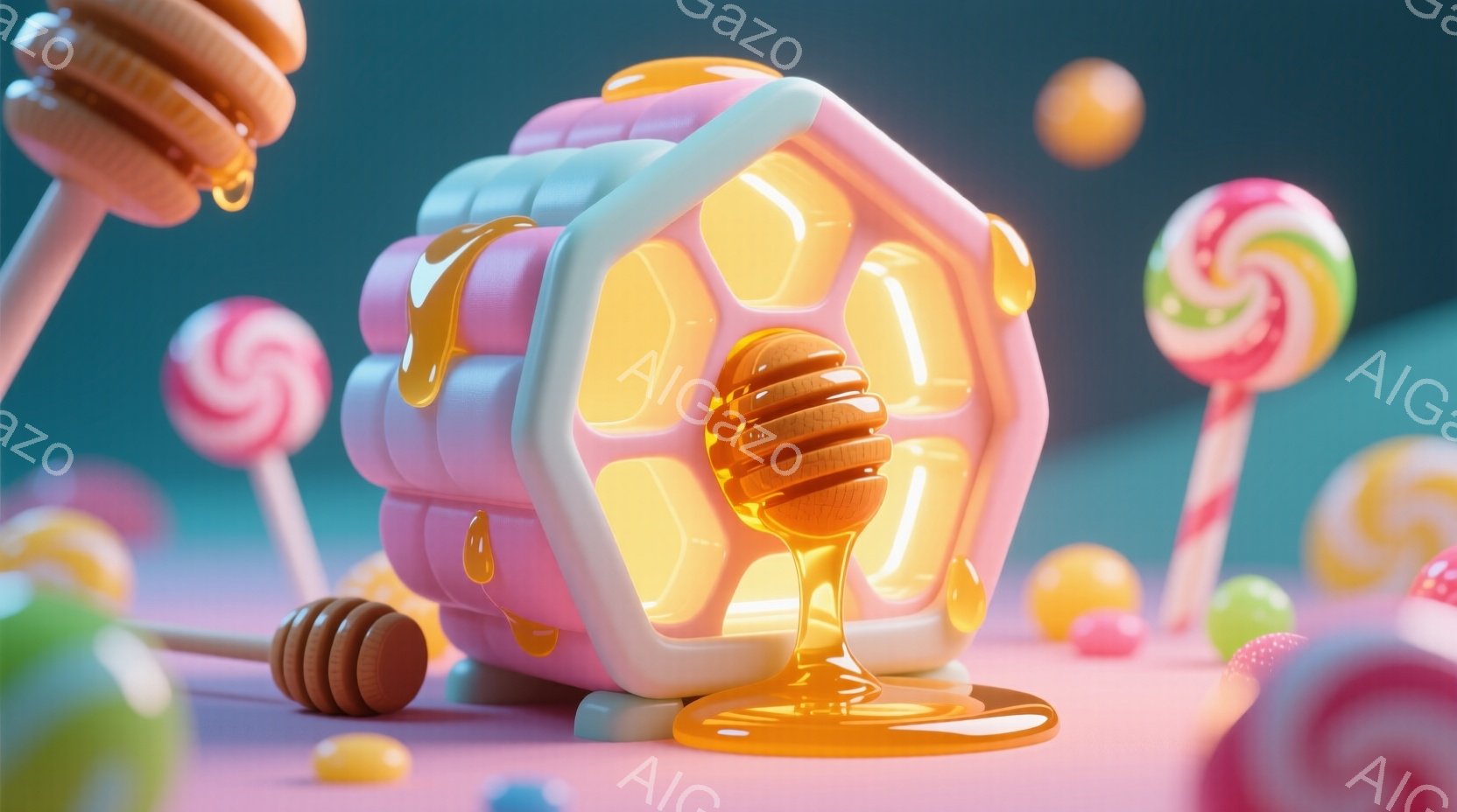 鮮やかなピンク色の背景に、蜜が滴る蜂の巣のような構造物が中央に配置されています。周囲にはカラフルなキャンディや、ハチミツを模した球体などが散りばめられ、夢のような甘い世界観を作り出しています。全体的に暖かく、遊び心に溢れた雰囲気で、まるでファンタジーの世界のようです。